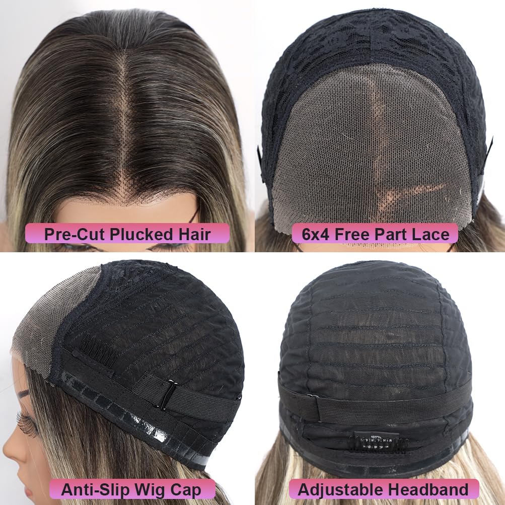 Style Icon 28” Long 6x4 Pre-Cut Lace Wig No-Lace-Cutting Free Part Multi-Layer Big Curls High Light Blonde Brown Lace Front Wig Grip Band Heat Resistant(28 Inches, NTSA4/10/23B/613C)