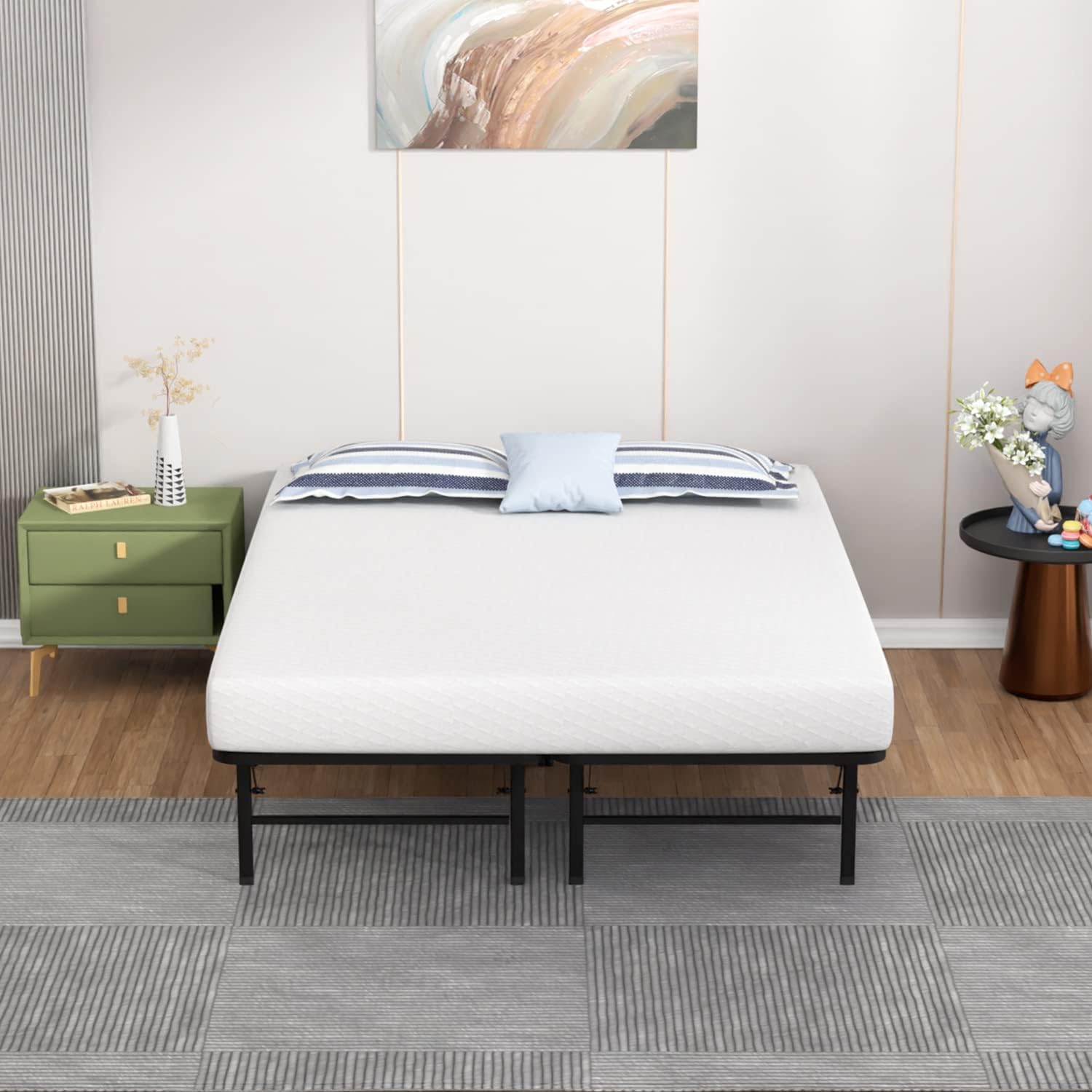 14 inch Metal Platform Bed Frame with Steel Slat Support, Mattress Foundation with 8-inch Memory Foam Mattress CertiPUR-US Certified, Queen