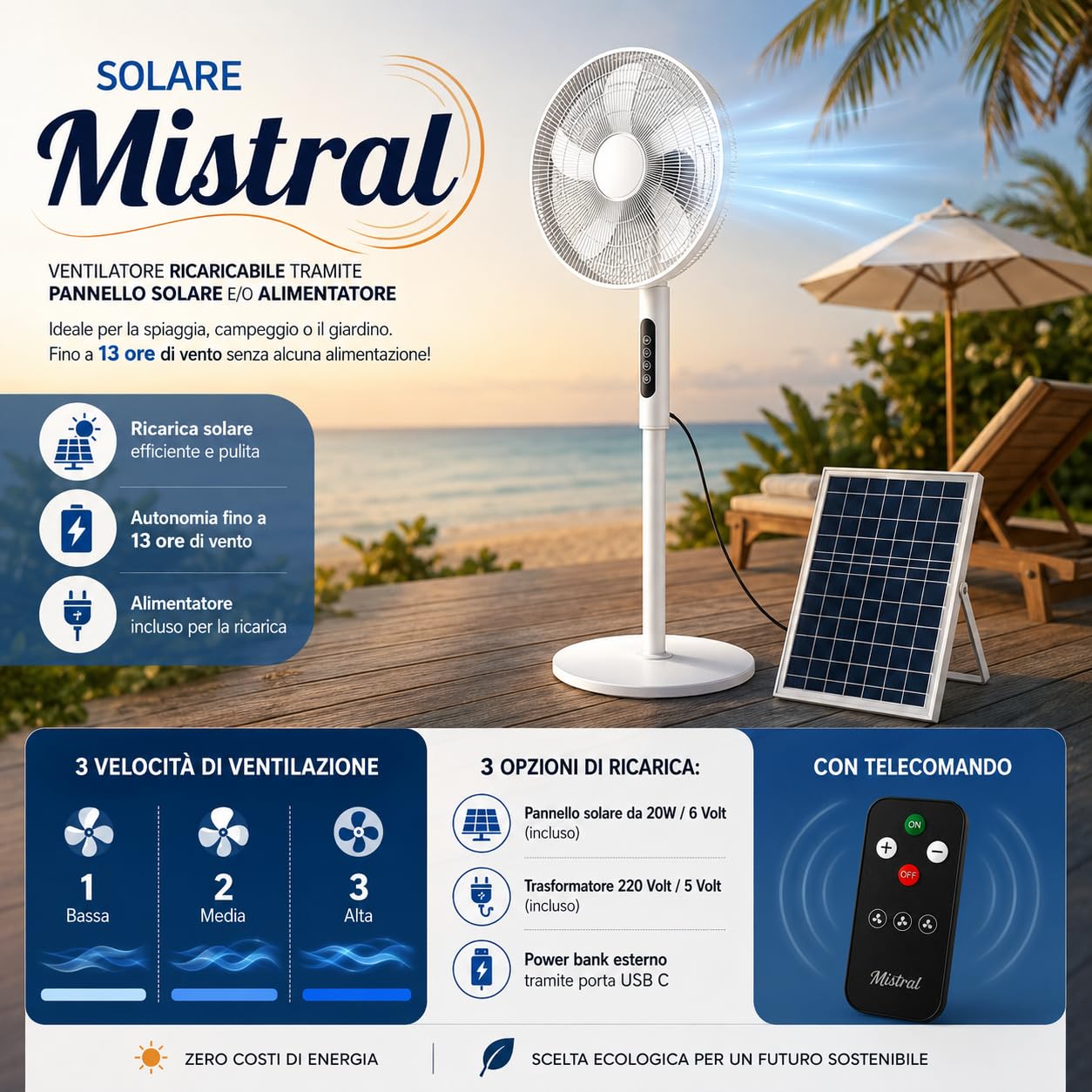 Ventilatore Solare Ricaricabile con Pannello Solare 20W, Ventilatore a Piantana Senza Fili con Batteria 18000mAh, 3 Velocità, Telecomando, USB-C, Oscillazione Automatica, per Campeggio Giardino Spiagg
