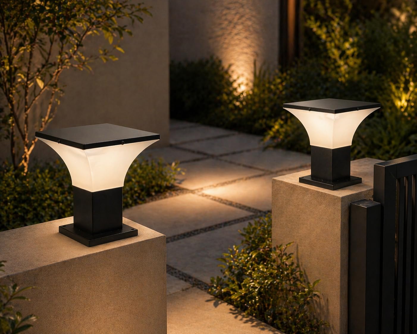 Weldecor Outdoor Gate Light Set of 2 | Waterproof Pillar Lamp for Home Entrance, Boundary Wall, Garden, Farmhouse & Resort | Modern LED Compatible Post Light (Black, Polycarbonate Diffuser)-image-1