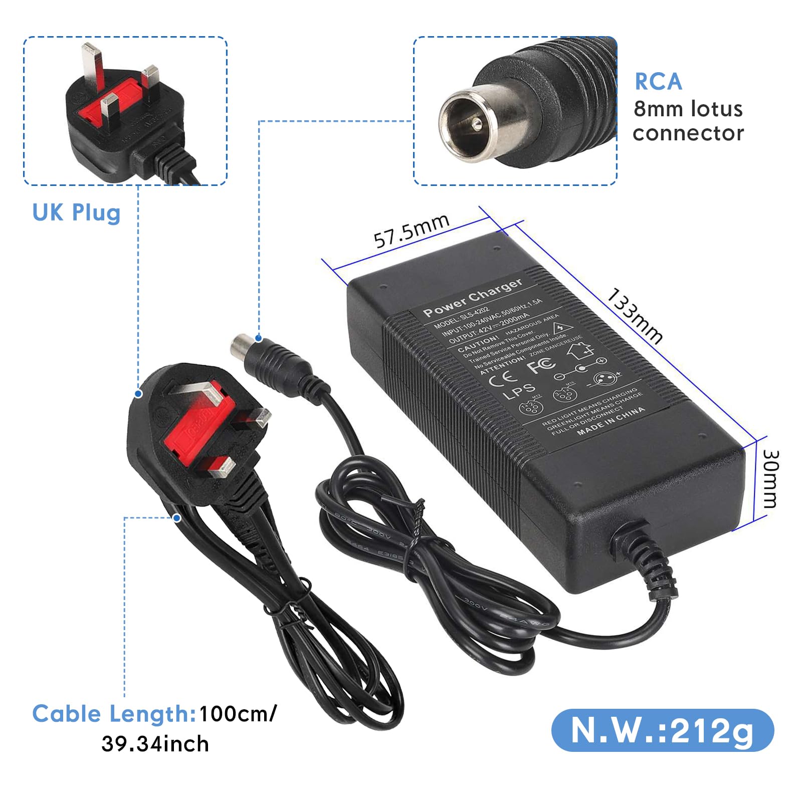 Cargador Patinete Electrico 42V 2A Compatible Xiaomi M365 Pro Pro 2 Mi 3 1s Ninebot G30 E F Series 84W AC DC 8mm