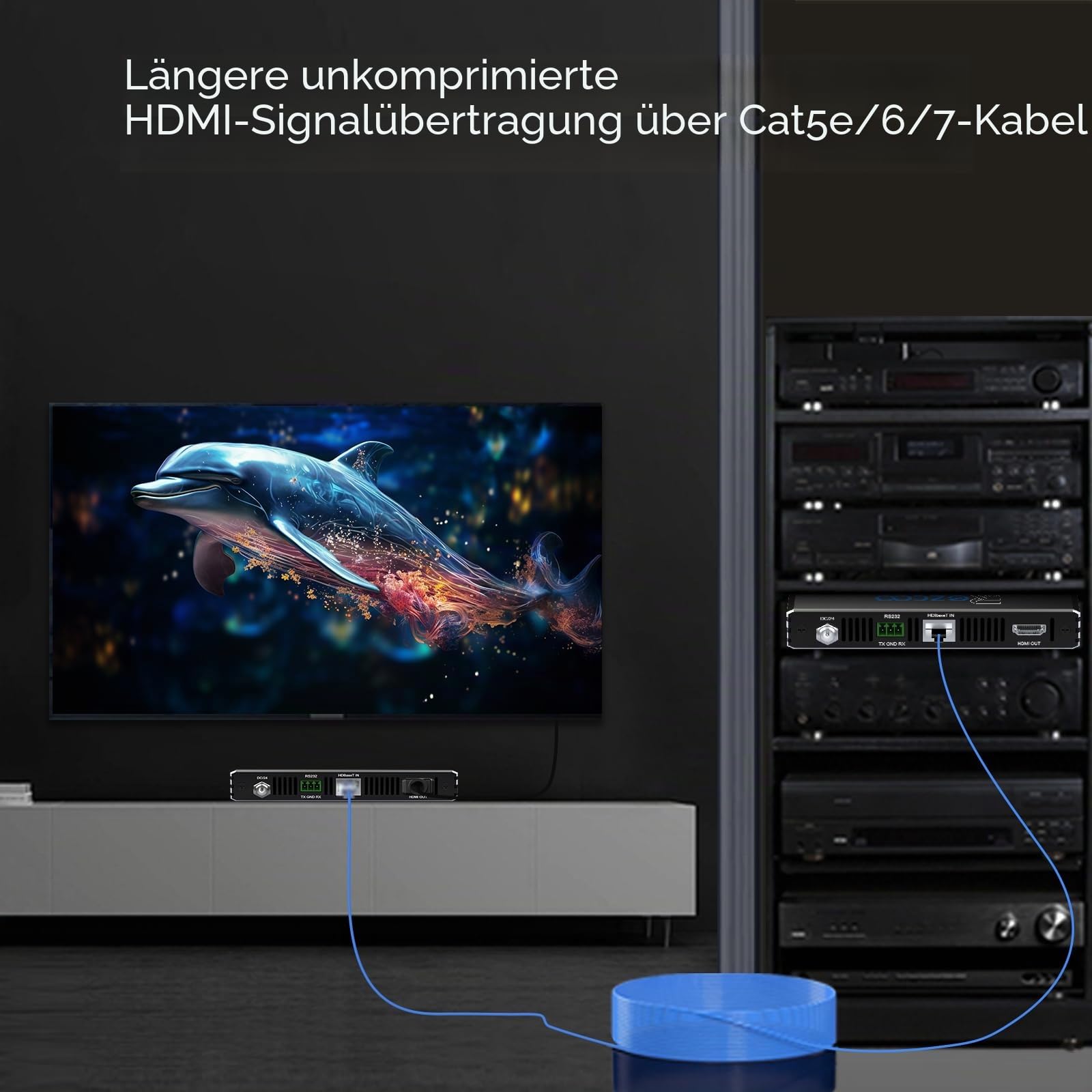 ROFAVEZCO 4K HDMI KVM Extender USB unkomprimiert 4K 60Hz HDR Single Over Cat5e/6 bis zu 300 Fuß 3 Ports USB 2.0 Hub POE RS232 EDID 3,5 mm Stereo Audio und Mikrofon 70H2KVM