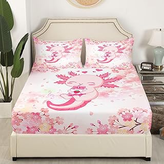 Cute Axolotl Kids Fitted Sheet Full Size,Cartoon Salamander Animals Bedding Set,Girls Boys Adults Room Decor,Sakura Cherry Blossom Ukiyoe Bed Cover,Pink Romantic Bed Sheet,2 Pillowcases