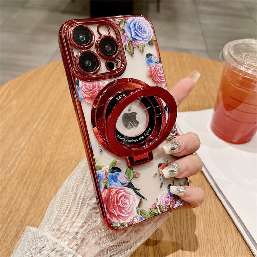 Coque iPhone 14 Plus fleur rose oiseau et support magnétique anneau rouge - 8