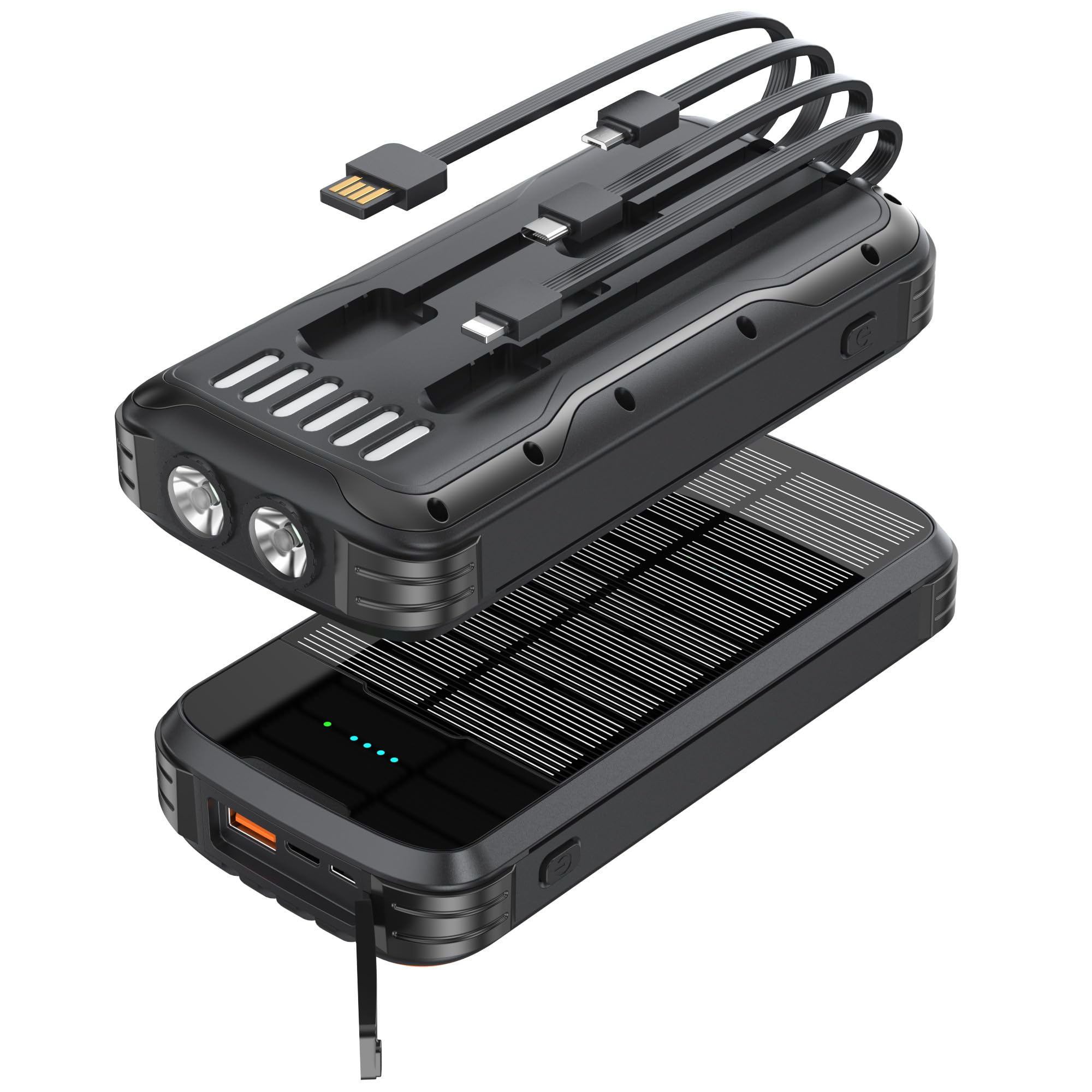 MINRISE Chargeur solaire 40 000 mAh - Chargeur portable PD 20 W - Charge rapide - 4 câbles intégrés et entrée USB-C - Batterie externe avec lampes de poche