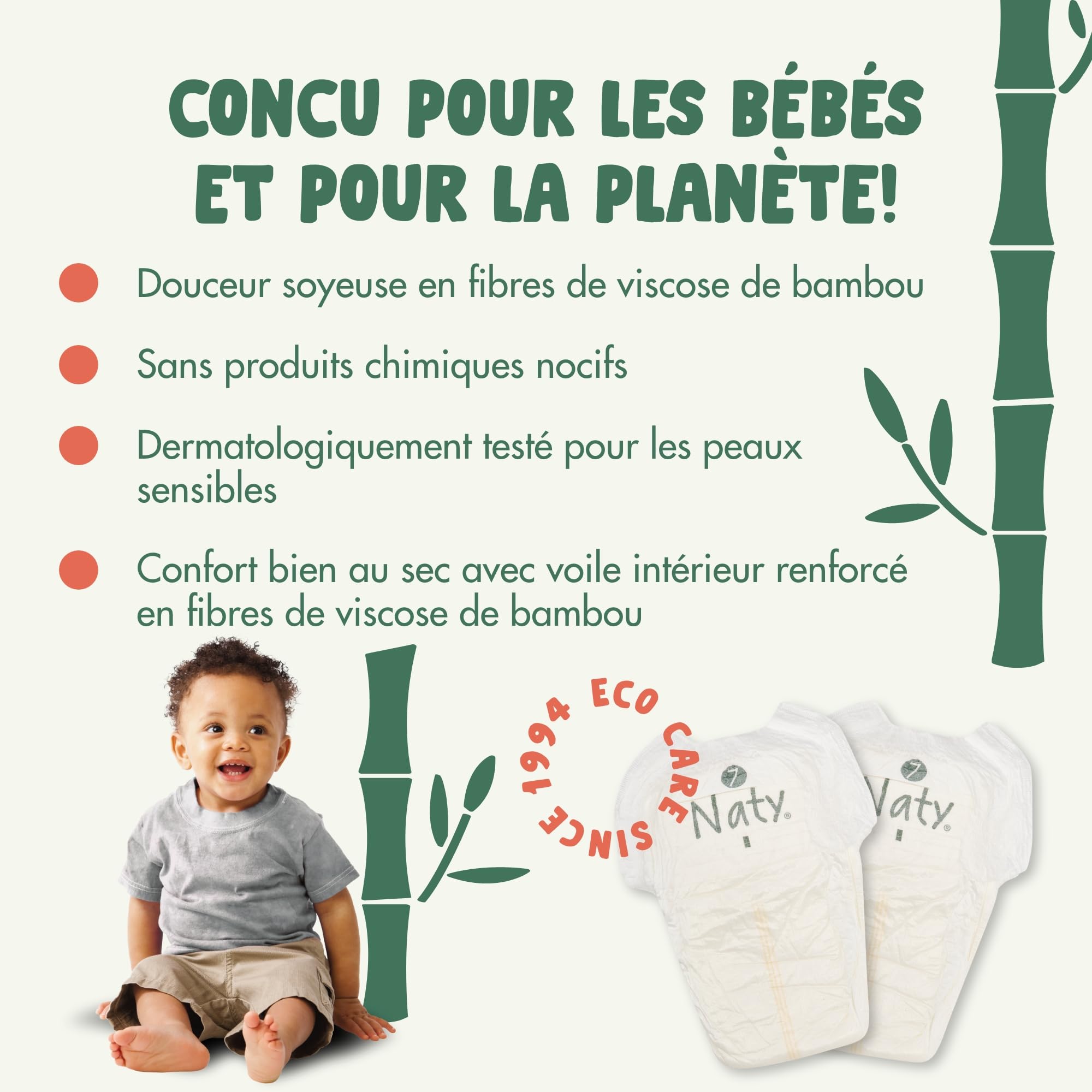 Naty Bamboo - Couches-Culottes en fibres de viscose de bamboo – Douceur soyeuse, Couches-Culottes à base de plantes, Hypoallergéniques pour peau sensible et super absorbantes (Taille 7, 64 unités)