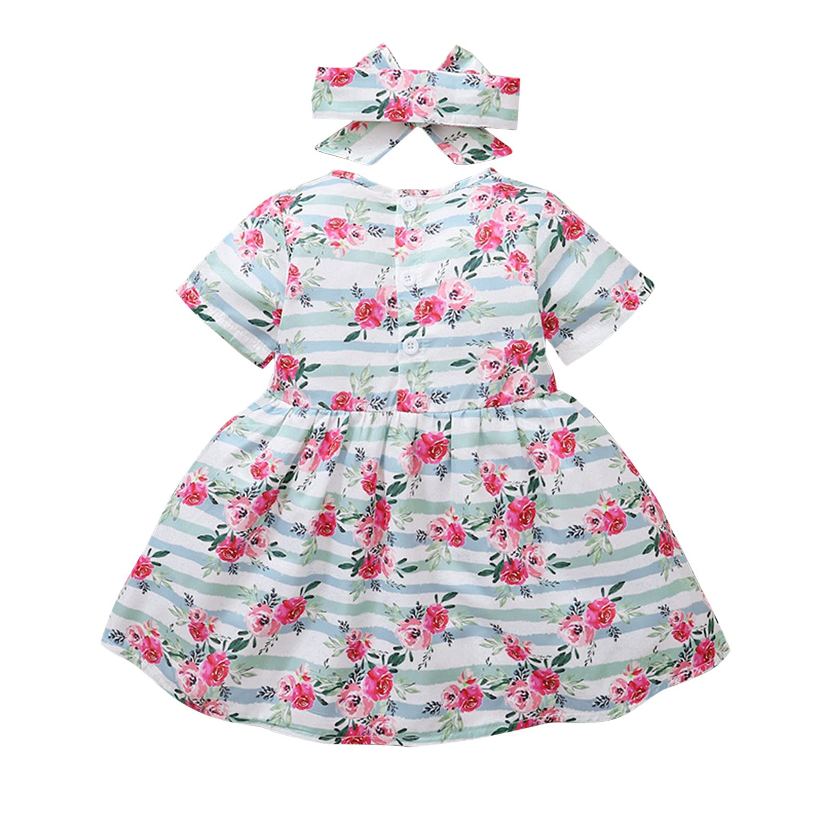 ZAXARRA Toddler Dress 2Pcs Summer Outfits, Cute Short Sleeve Floral Striped Print A-Line Dress with Headband (White, 12-18 Months)