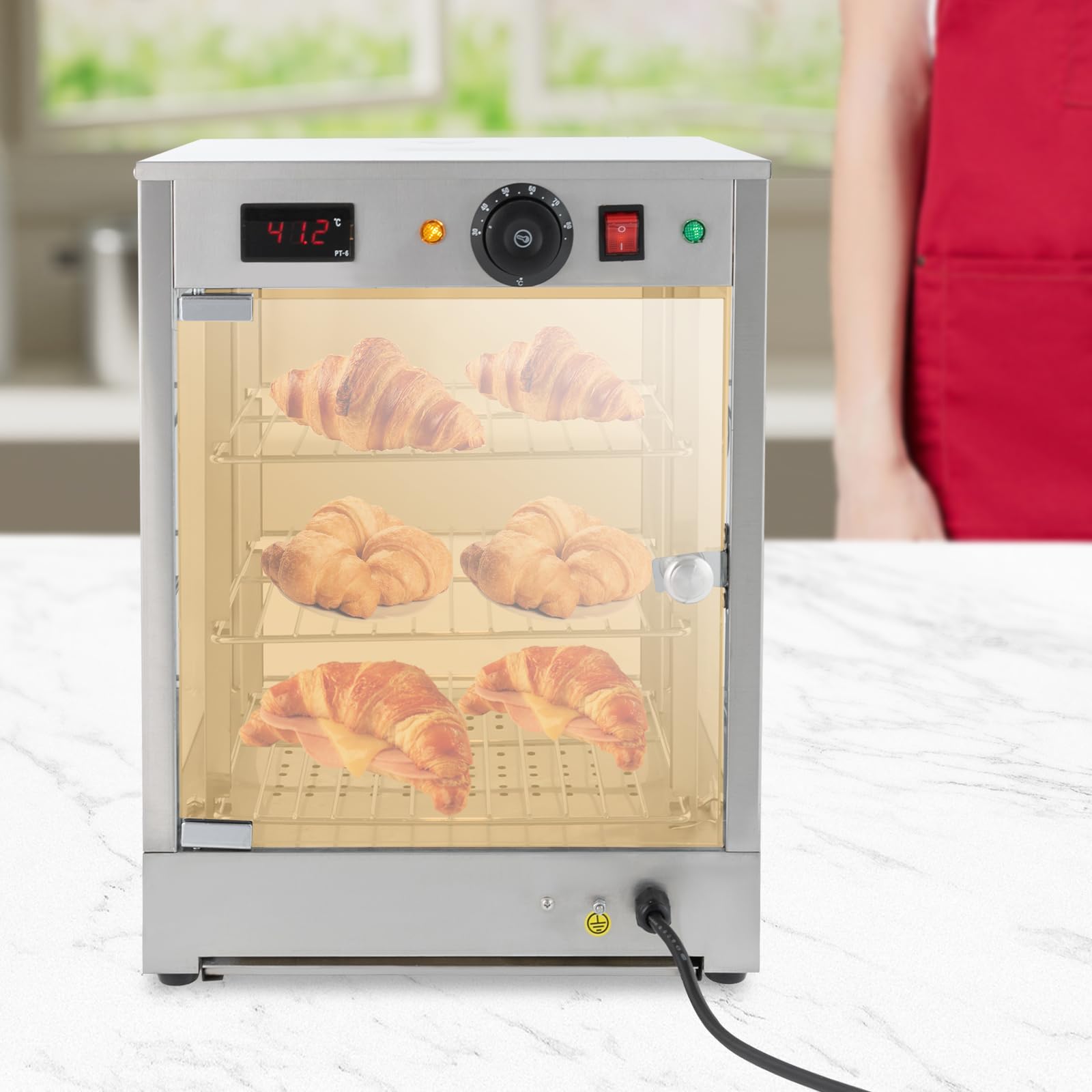 800W Electric Comercial Found,Estantes desmontables de 3 pisos,Temperatura 86-185 ° F,Modo termostato,Iluminación Refrigeración y humidificación Plata 201 Acero inoxidable Vidrio Caucho Pizza Pastel