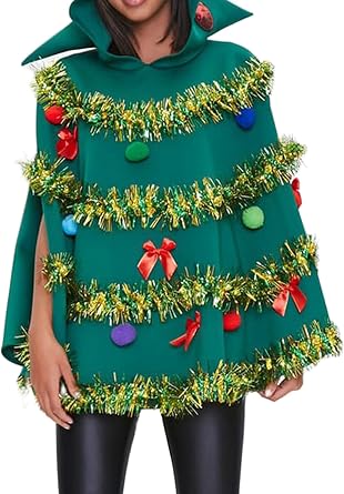 Christmas Tree Poncho Costume for Women Bow Ball Decor Hooded Cloak Cape Christmas Cape Cloak for Cosplay Party