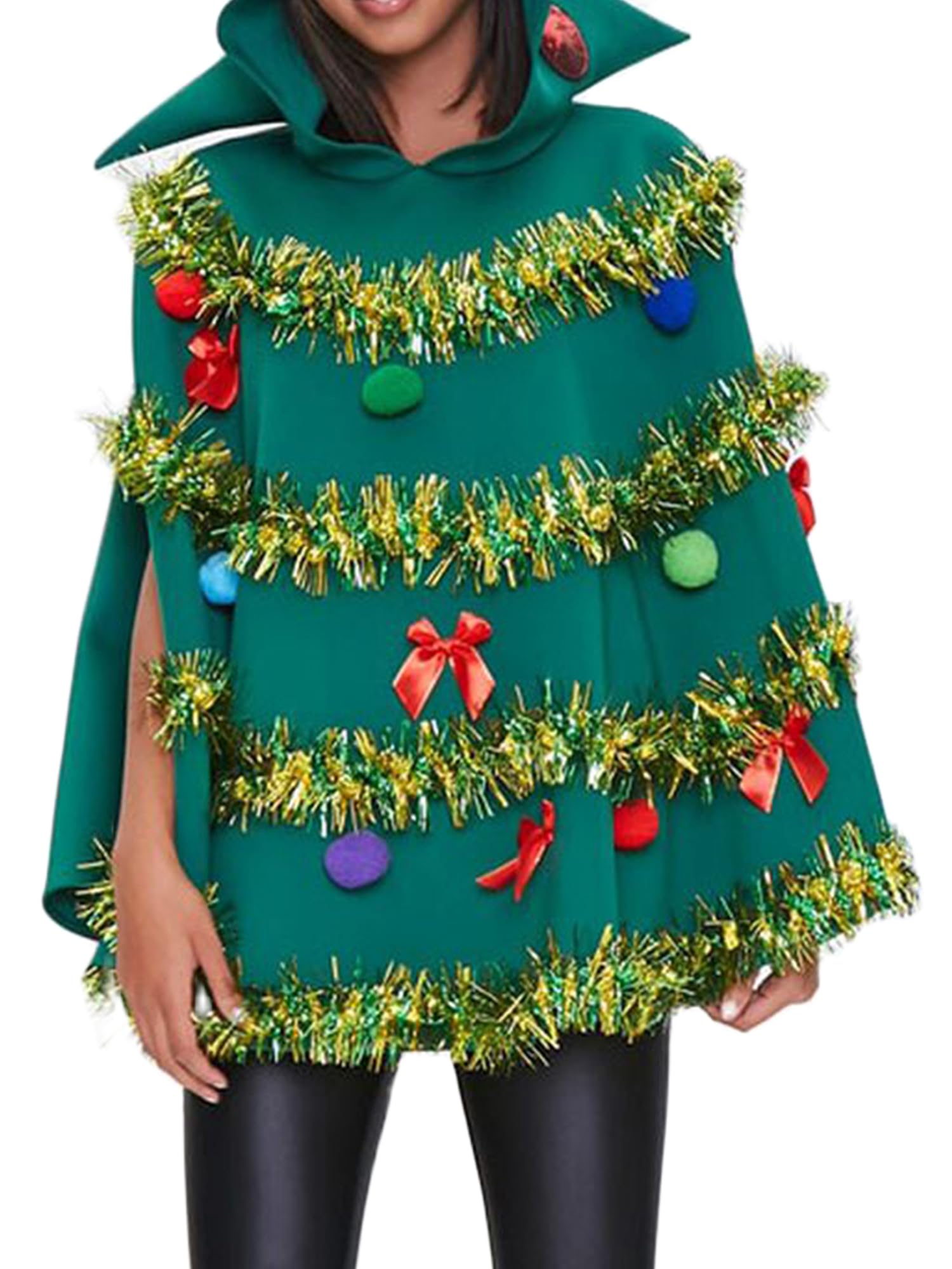 Kouoybt Christmas Tree Poncho Costume for Women Bow Ball Decor Hooded Cloak Cape Christmas Cape Cloak for Cosplay Party (A-Green, M)