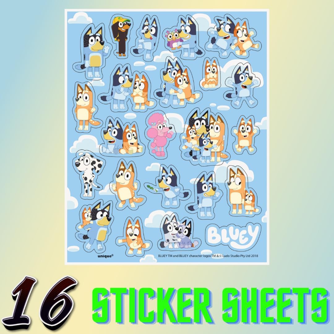 Unique Bluey Birthday Party Supplies Pack, 16 Bluey Sticker Sheets and 16 Bluey Loot Bags, Party Favors Set for Kids Age 3+ Favor Bags for kids to take home