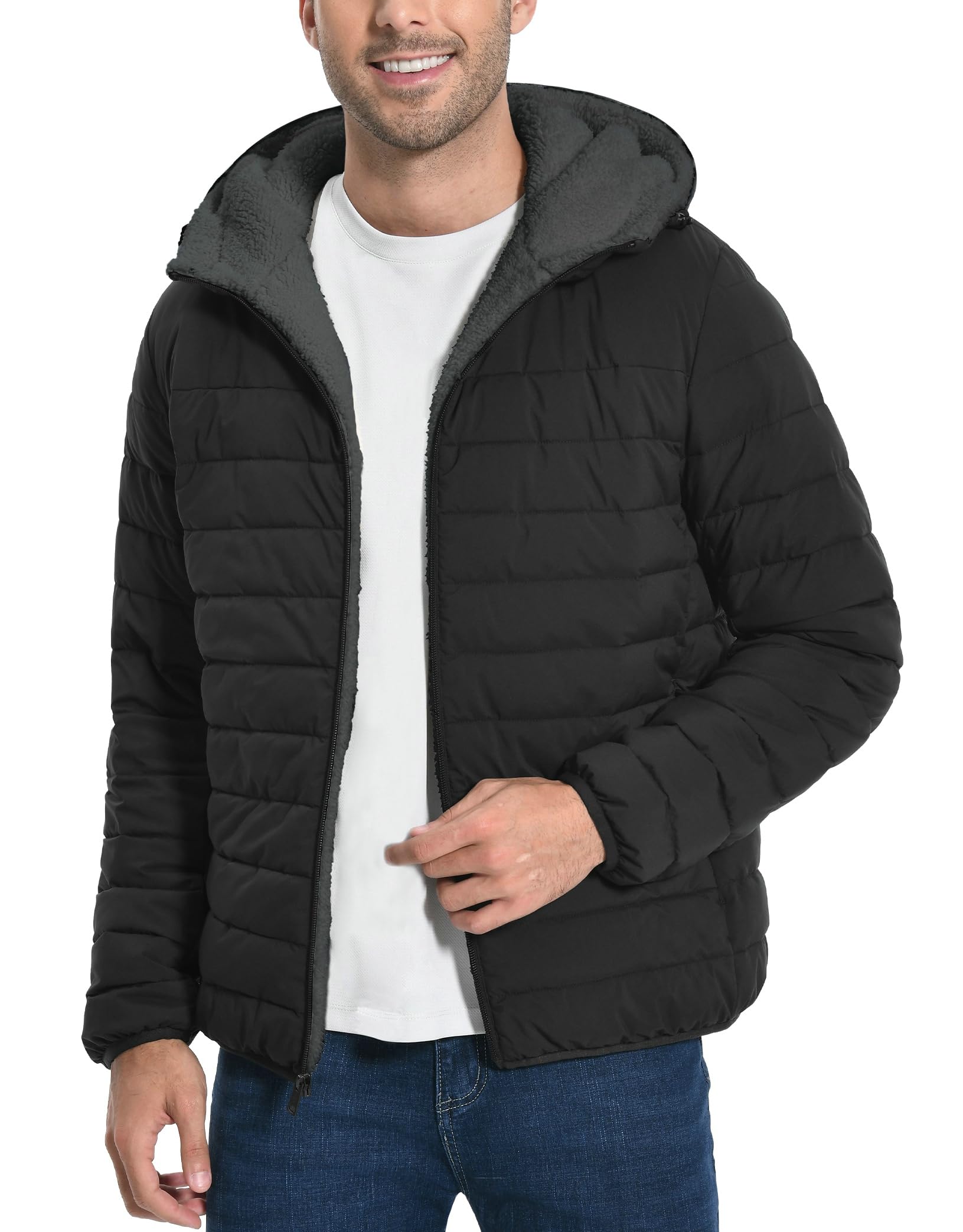 Pioneer Camp Mens Winter Puffer Jacket Sherpa Lined Hooded Water Resistant Midweight Warm Insulated Quilted Down Coat Parka