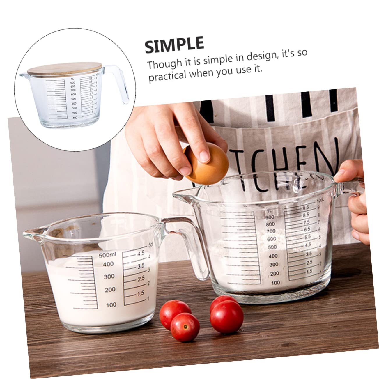 COLLBATH Tasse à Mesurer et Facile à Nettoyer Résistant la Chaleur en Verre avec Couvercle en Bois Réutilisable pour Mesurer Huile et Jus Cuisine