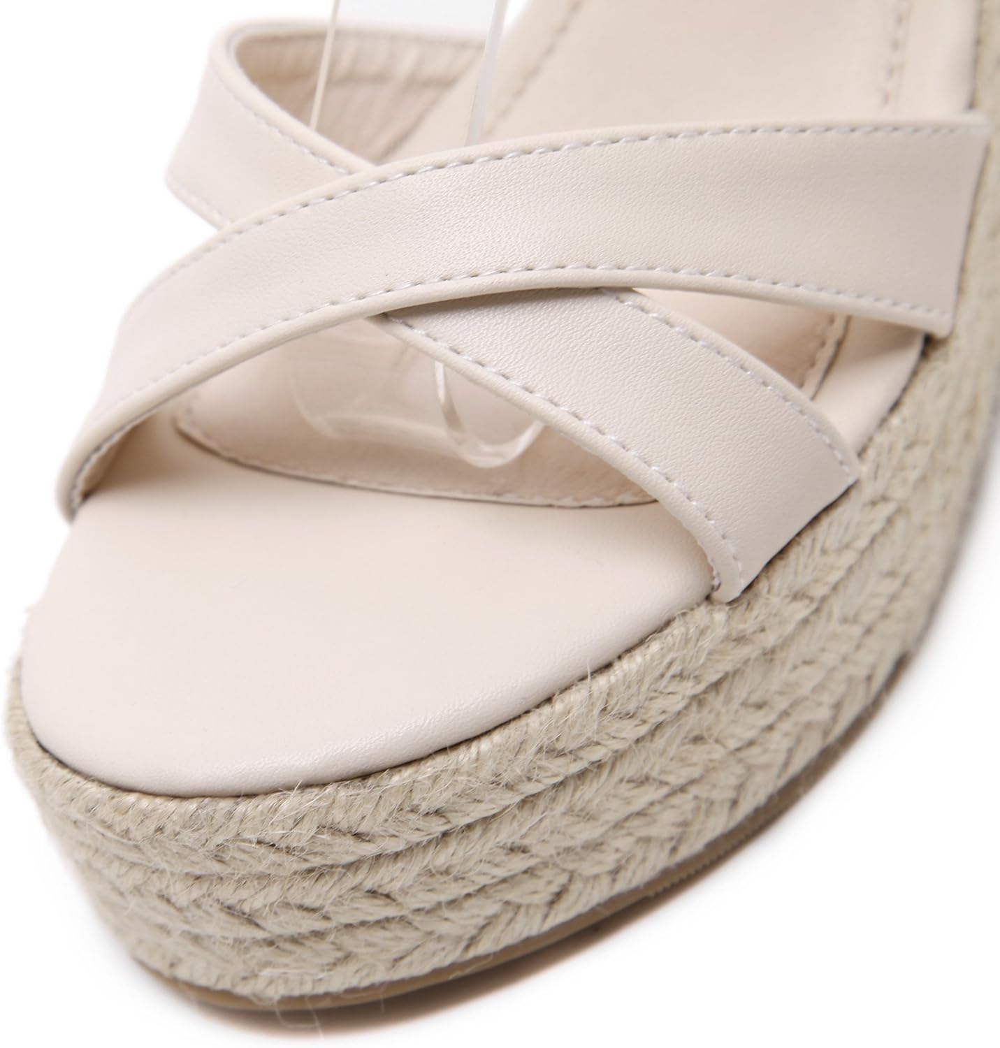 Womens Jute-Rope Middle Wedge Heel Summer Shoes Flip Sandals Lace Up (8, Creamy-White) - Image 4