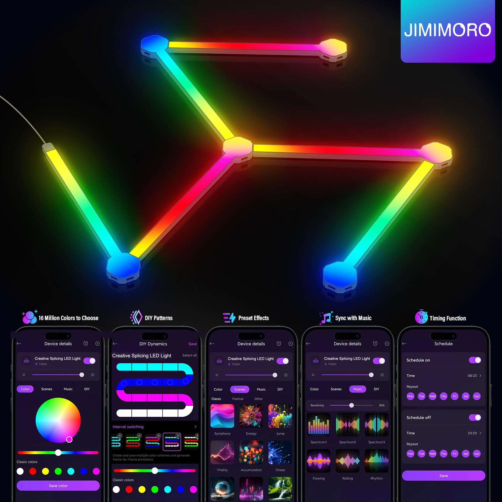 JIMIMORO 6 Pack Smart Wall Light Lines - Smart Home Decor Creative DIY RGB Lines with Music Sync APP & Remote Control Gaming Lights for Living Room, Indoor Decor, Gaming Decor