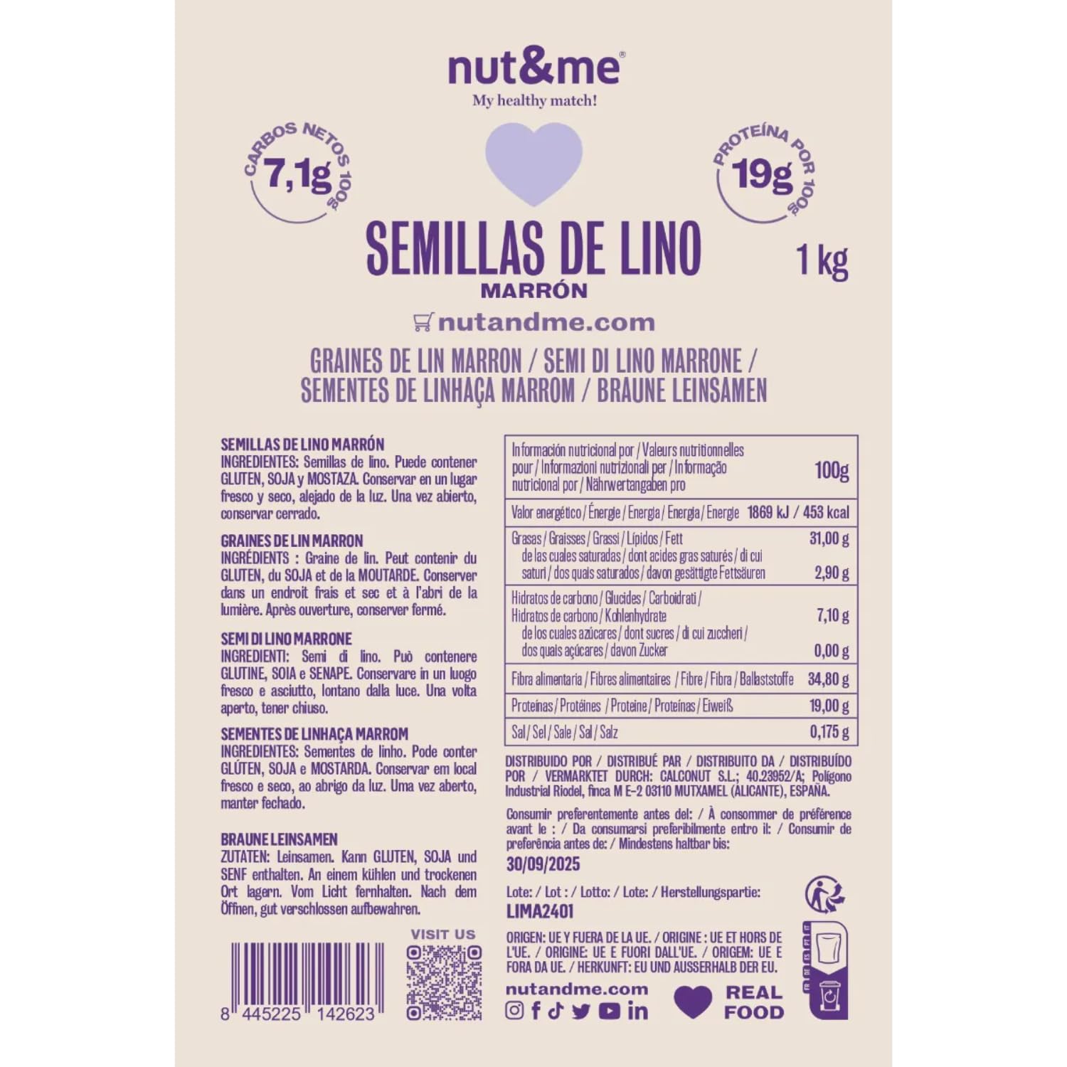 Semillas de lino marrón 1 kg nut&me | Superalimento natural | Sin conservantes ni aditivos | Fuente de proteínas | Rico en fibra |