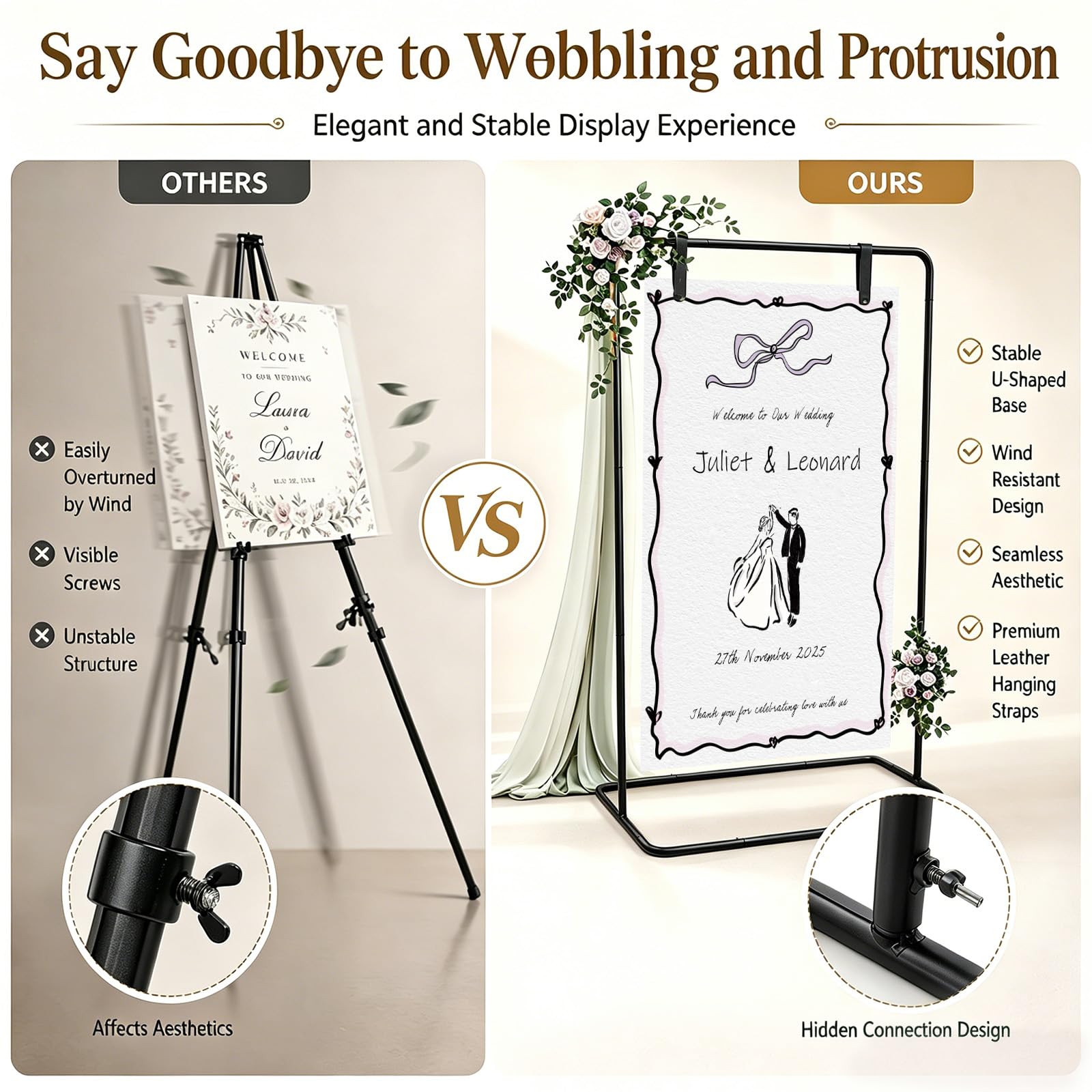 Hochzeits-Willkommensschild-Halter 173x80x50cm mit 4 Lederriemen, Hochzeitsschild-Ständer für Schilder, Poster, Sitzplan, Schwarz