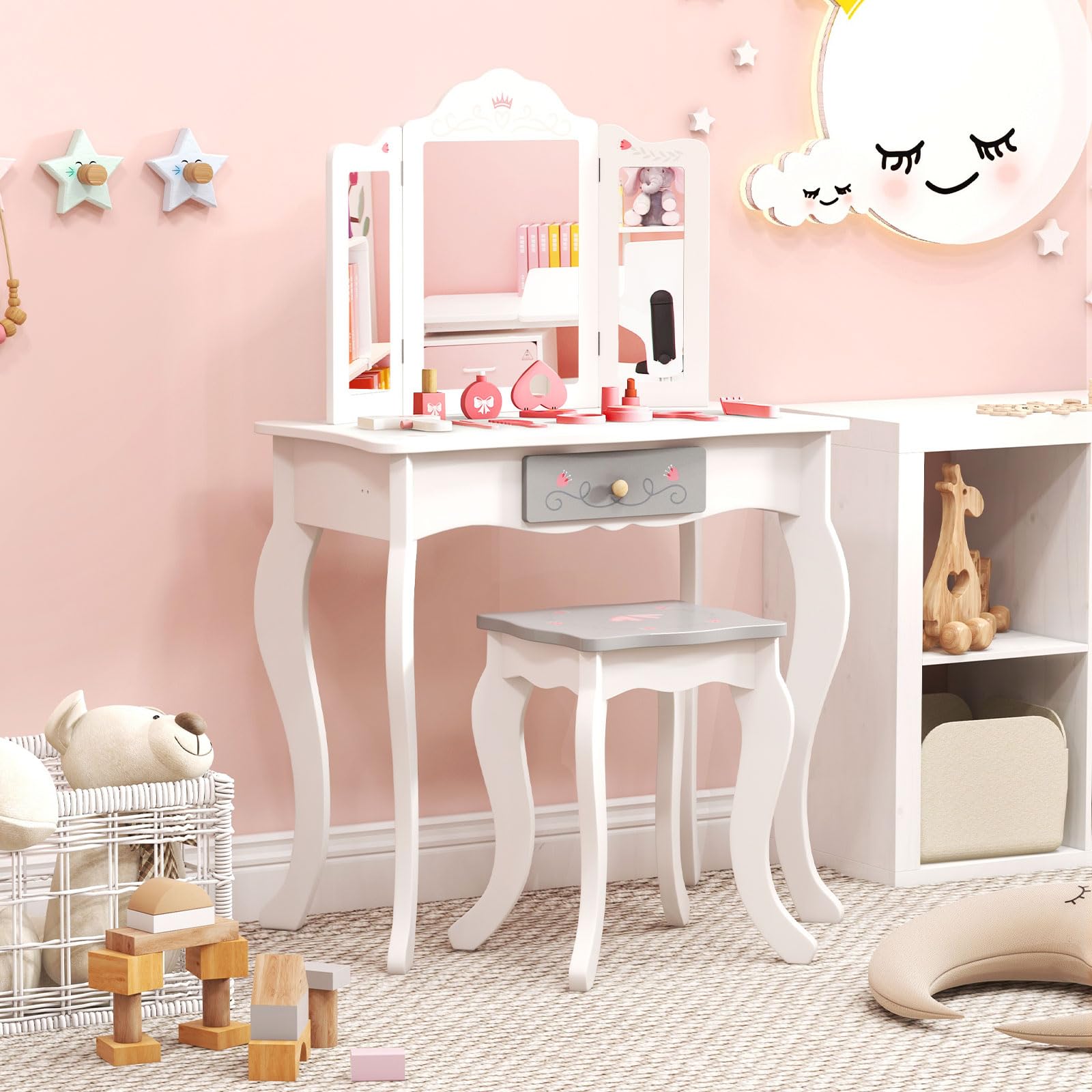 GOPLUS Tocador Niña 2 en 1 con 10 Accesorios Maquillajes, Juego de Tocador Infantil Princesa de Madera con Taburete y 3 Espejo Extraíble, para Niños de 3+ Años, 60 x 33 x 98,5 cm, Blanco