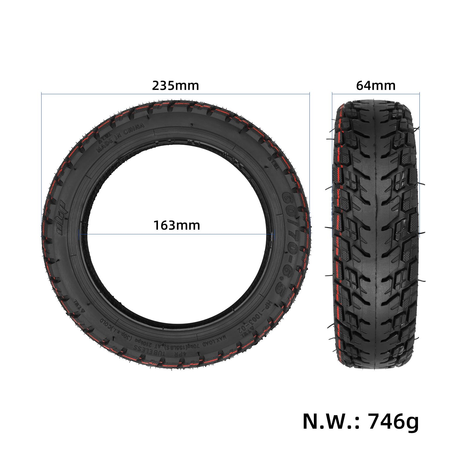 Pneu Tout-Terrain Sans Chambre 10 60/70-6.5 VOLOHAS – Ninebot Max G30/G30D/G30D 2 – Auto-Réparable Anti-Crevaison