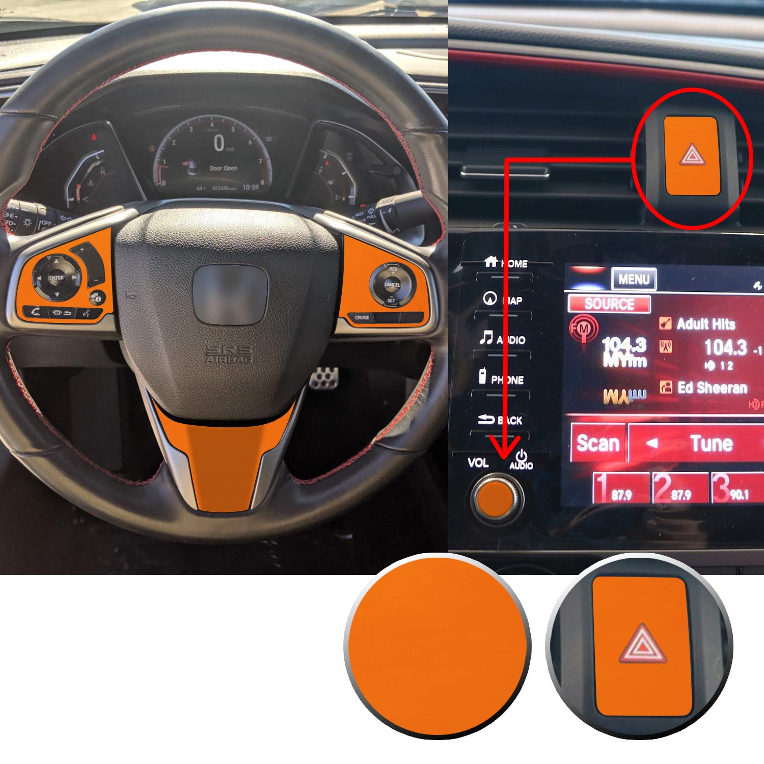 Gomu Interior Steering Wheel Hazard Button and Radio Vinyl Decal Sticker Trim Overlay Compatible with Honda Civic 2016 2017 2018 2019 2020 - Matte Orange