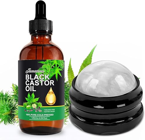 Aceite de ricino para masaje con bola de rodillo de masaje, aceite de ricino negro jamaicano orgánico, aceite de ricino para masaje corporal, aceite