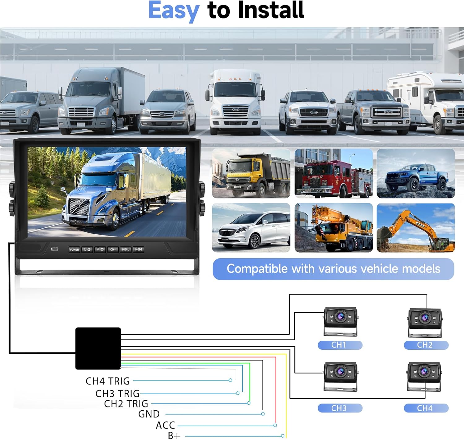 4 Channel 9 inch IPS Backup Camera System with Monitor for Tracks,RVs,Tractors, Bus, CementTruck, HD 1080P Wired Reverse Camera Waterproof Night Vision 4 Cameras Support Recording, Plug and Play