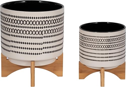 Miniatura 5 de Sagebrook Home Macetas modernas de cerámica con soportes, juego de 2, macetas decorativas de cerámica con base de madera de bambú para el hogar y el