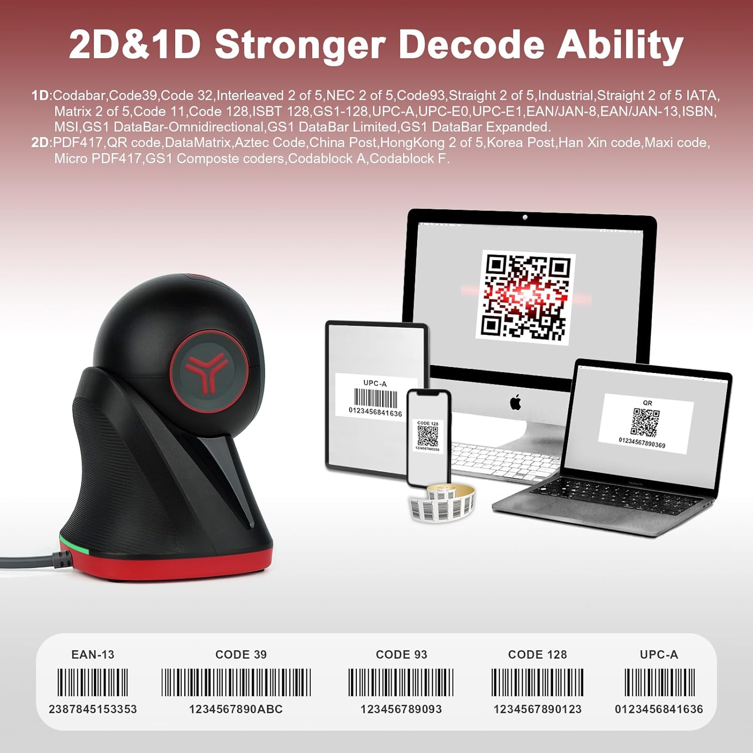 The OBZ Desktop Barcode Scanner demonstrating its ability to decode various 1D and 2D barcode types, including UPC-A, EAN-13, Code 39, Code 93, and Code 128.