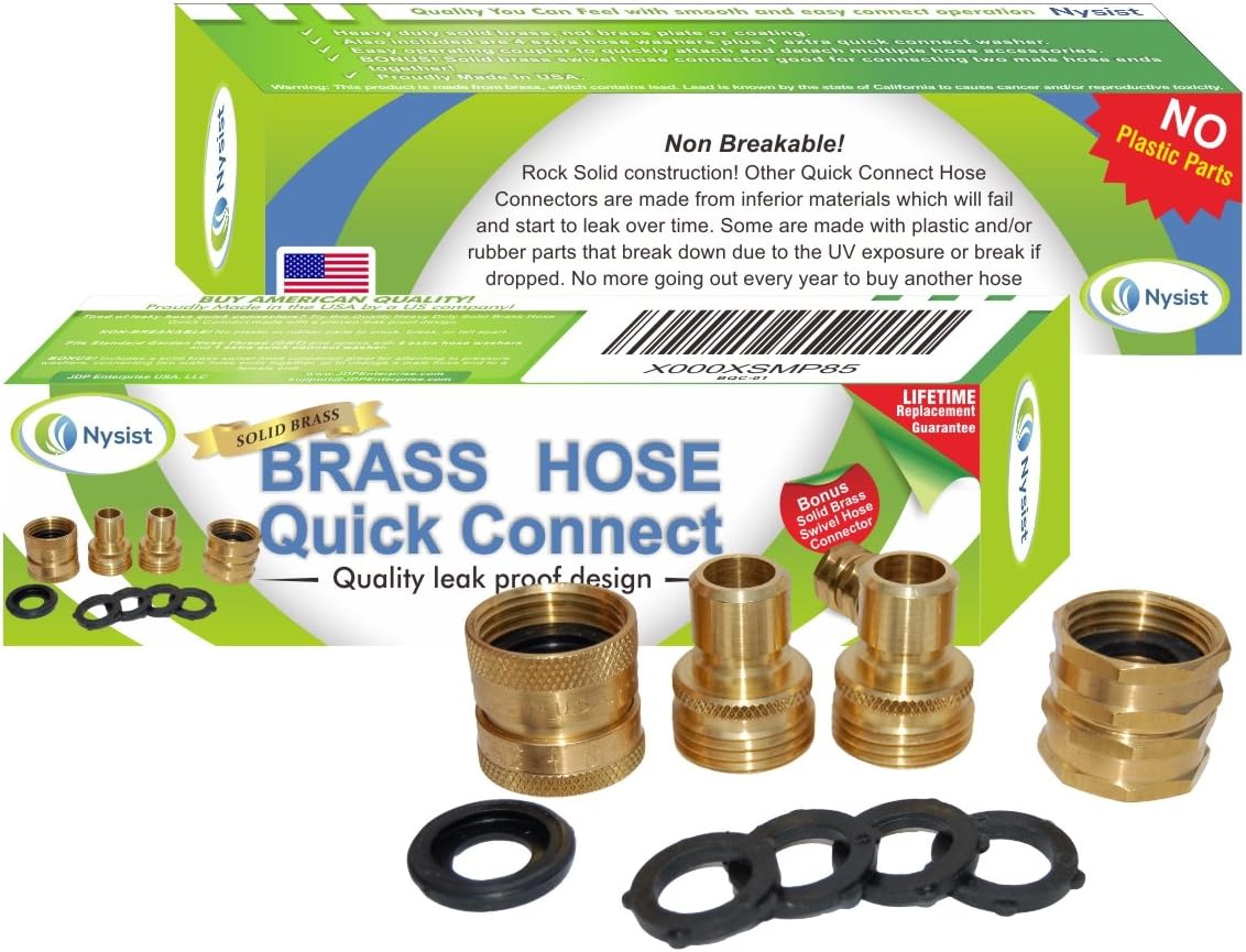Garden Hose Quick Connect Set ~ Made in USA ~ Solid Brass Quick Connect Garden Hose Fittings ~ Bonus Swivel Coupler & Extra Washers