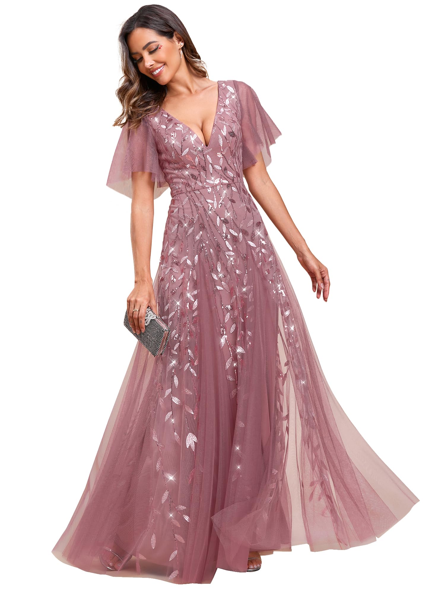 Ever-Pretty Vestiti da Cerimonia Linea ad A Scollo a V per Cerimonia Sera Damigella Lungo con Paillettes Donna EE00736