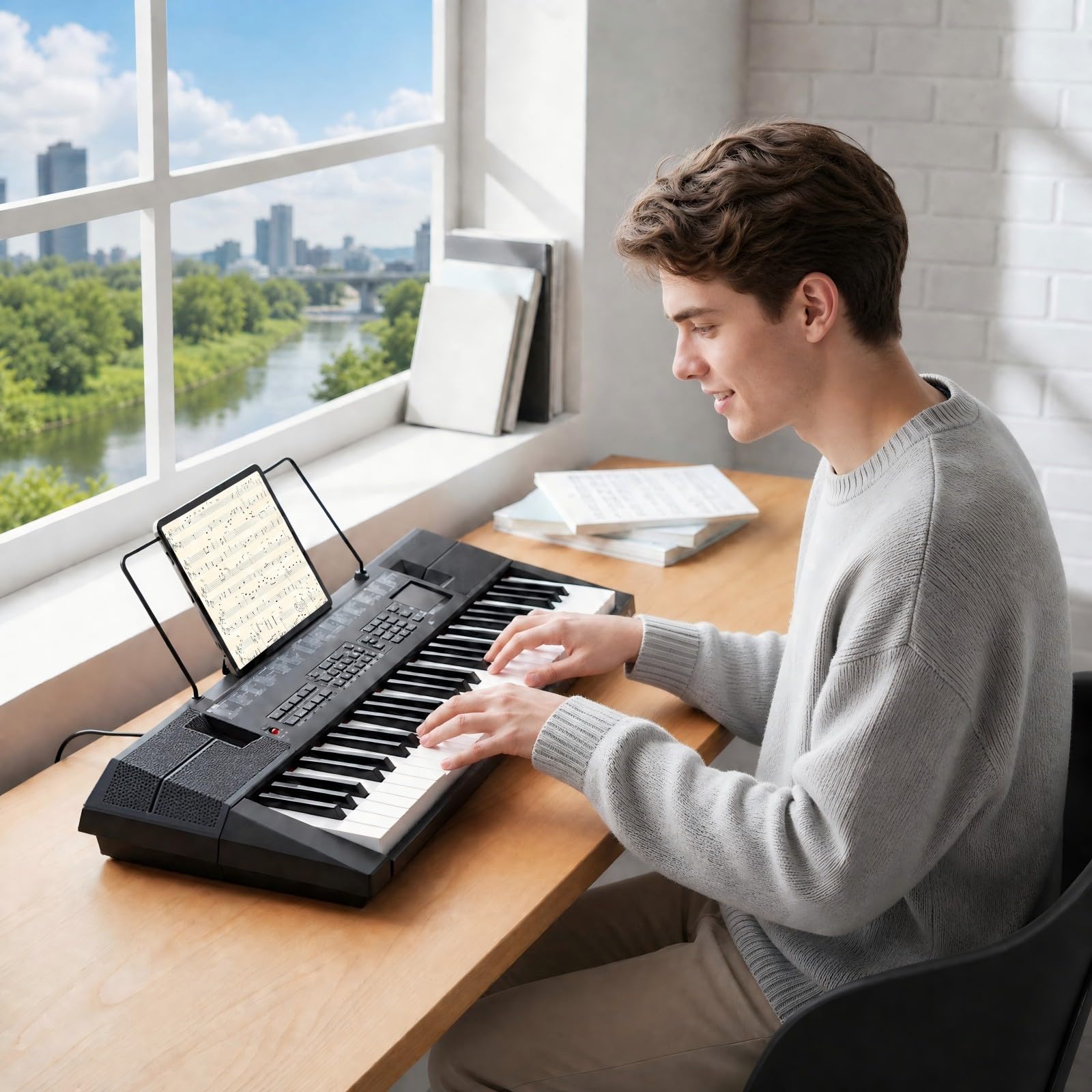 KOMFOTTEU Pianoforte Digitale 54 Tasti, con 200 Ritmi, 200 Suoni e 60 Demo | Tastiera Elettronica con Microfono e Leggio, Pianola Doppia Portatile e Leggera, per Bambini, Adolescenti e Adulti, Nero