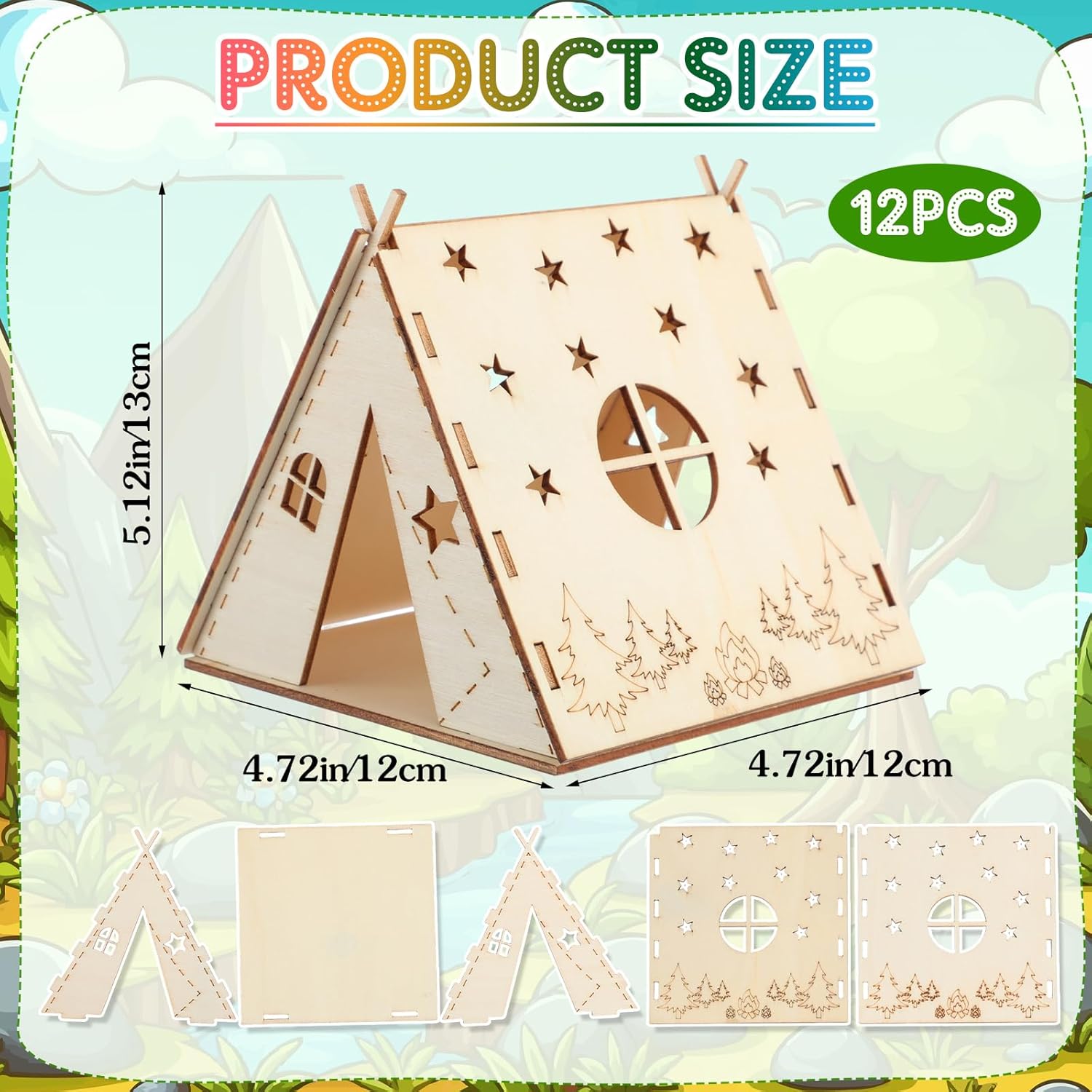 DoubleFill 12 Pcs Camping Crafts Paint Wood Tent for Kids Camping Activities DIY Summer Camp Craft Ornament for Kids Birthday Party Favor Home Vbs Sunday School Art Classroom Nursery (Tent)