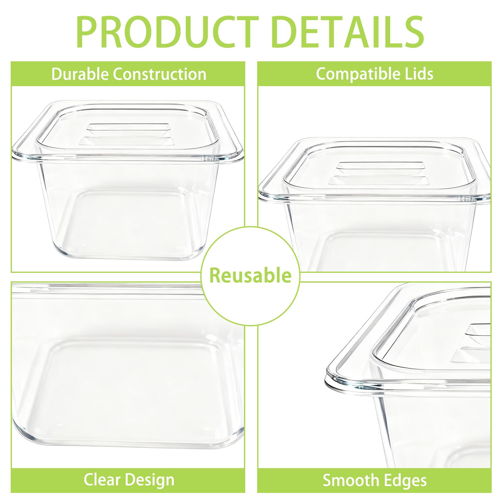 Cheardia 6 Stück 1/6 Größe Polycarbonat Lebensmittelpfannen mit Deckel, Kunststoff, transparent, Restaurantbehälter, Salatbarbehälter für Obst, Gemüse, Küche, Lebensmittelzubereitung, 10,2 cm tief
