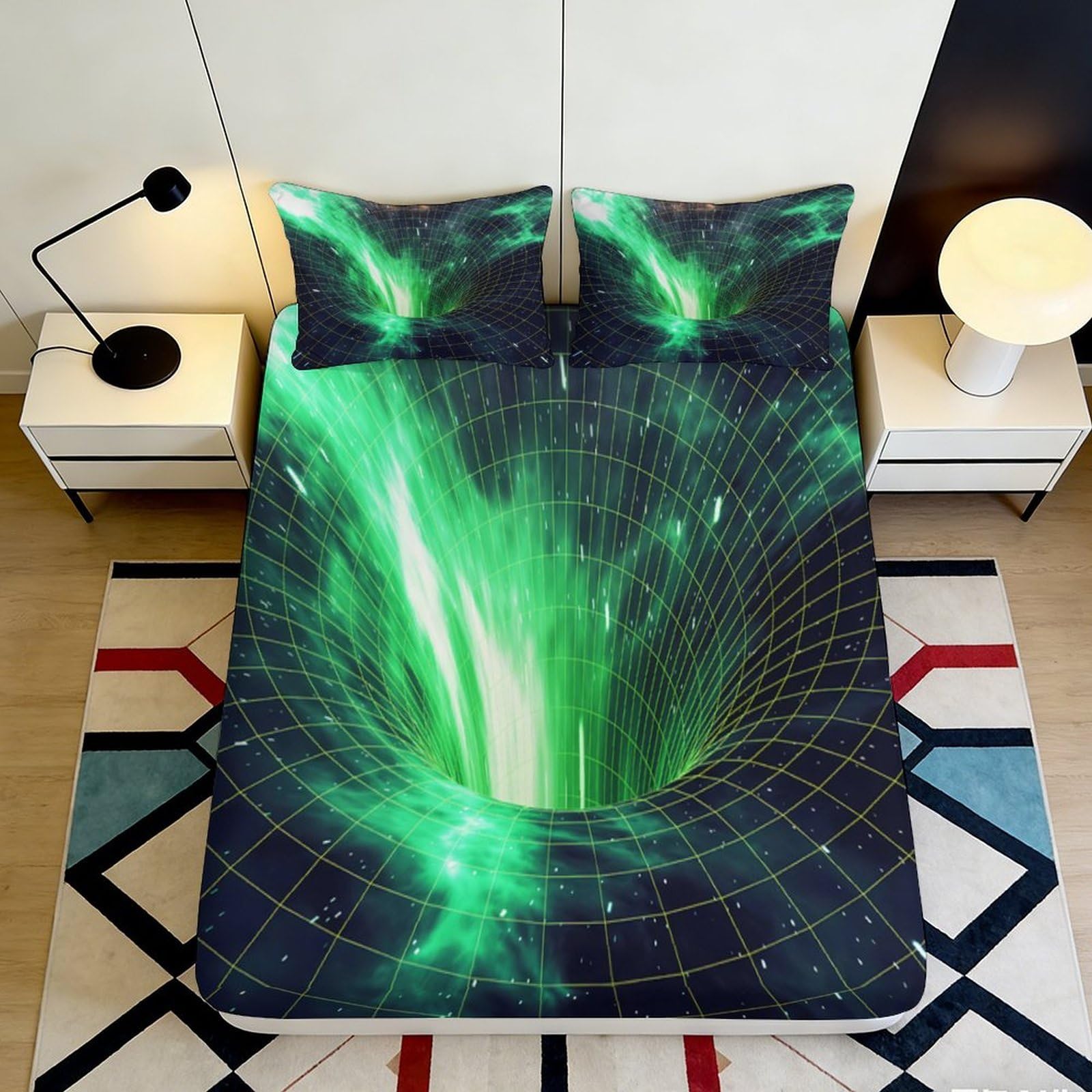 3D Printed Green Vortex Fitted Sheet Microfiber Soft Breathable Black Hole Mattress Cover for Bedroom Dorm Dormitory Guest Room Protection Decor 160x200x25cm