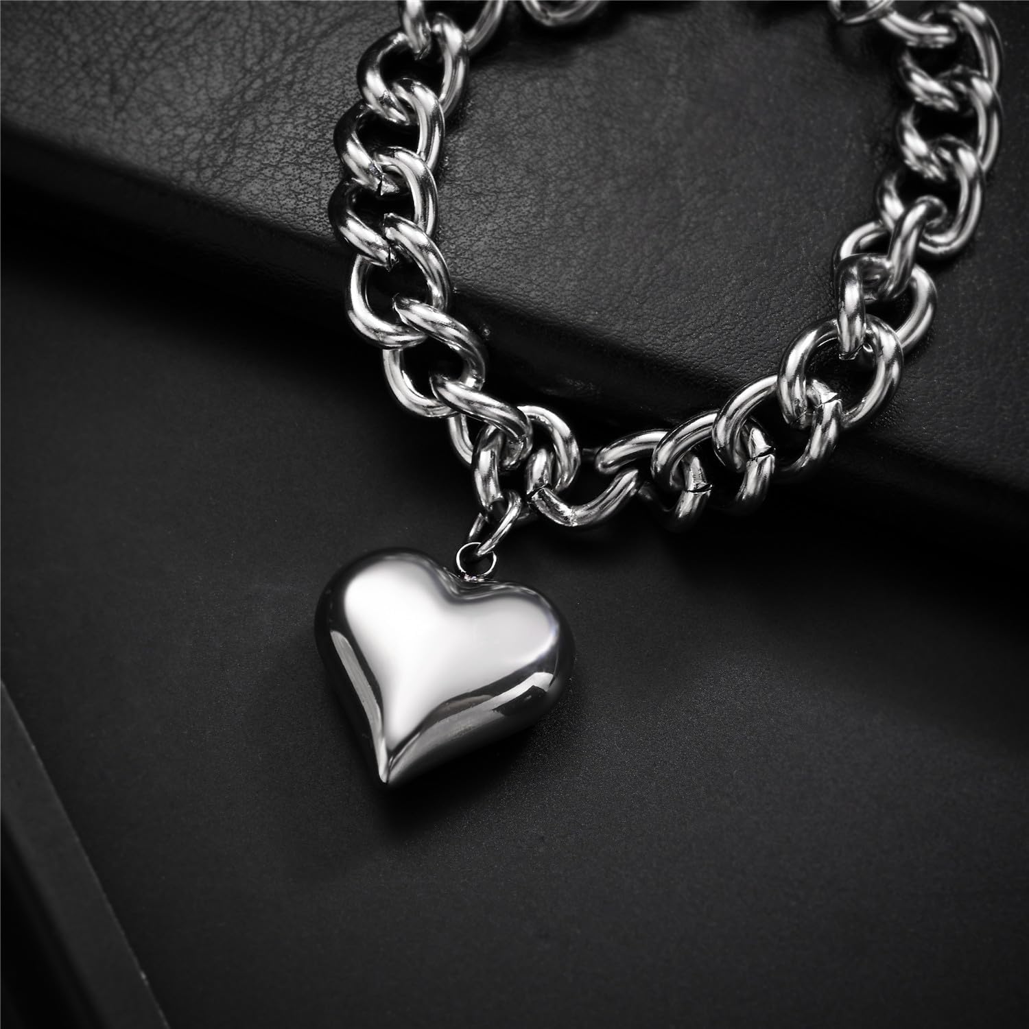 Stainless Steel Statement Chunky Big Puffy Heart Charms Bracelet for Women Thick Statement Chain Link Bracelets for Lover