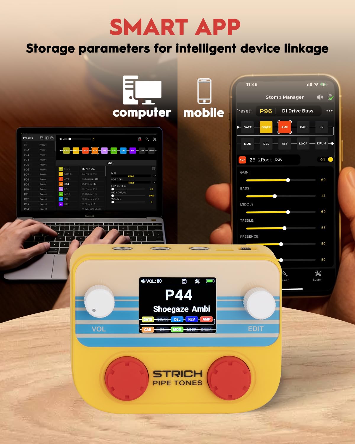 STRICH Pipe Tones Pocket Multi-Effects Processor per chitarra e basso con 10 moduli effetto 125 effetti Looper 40s 100 pattern di batteria Interfaccia audio USB Controllo wireless (Arancione)