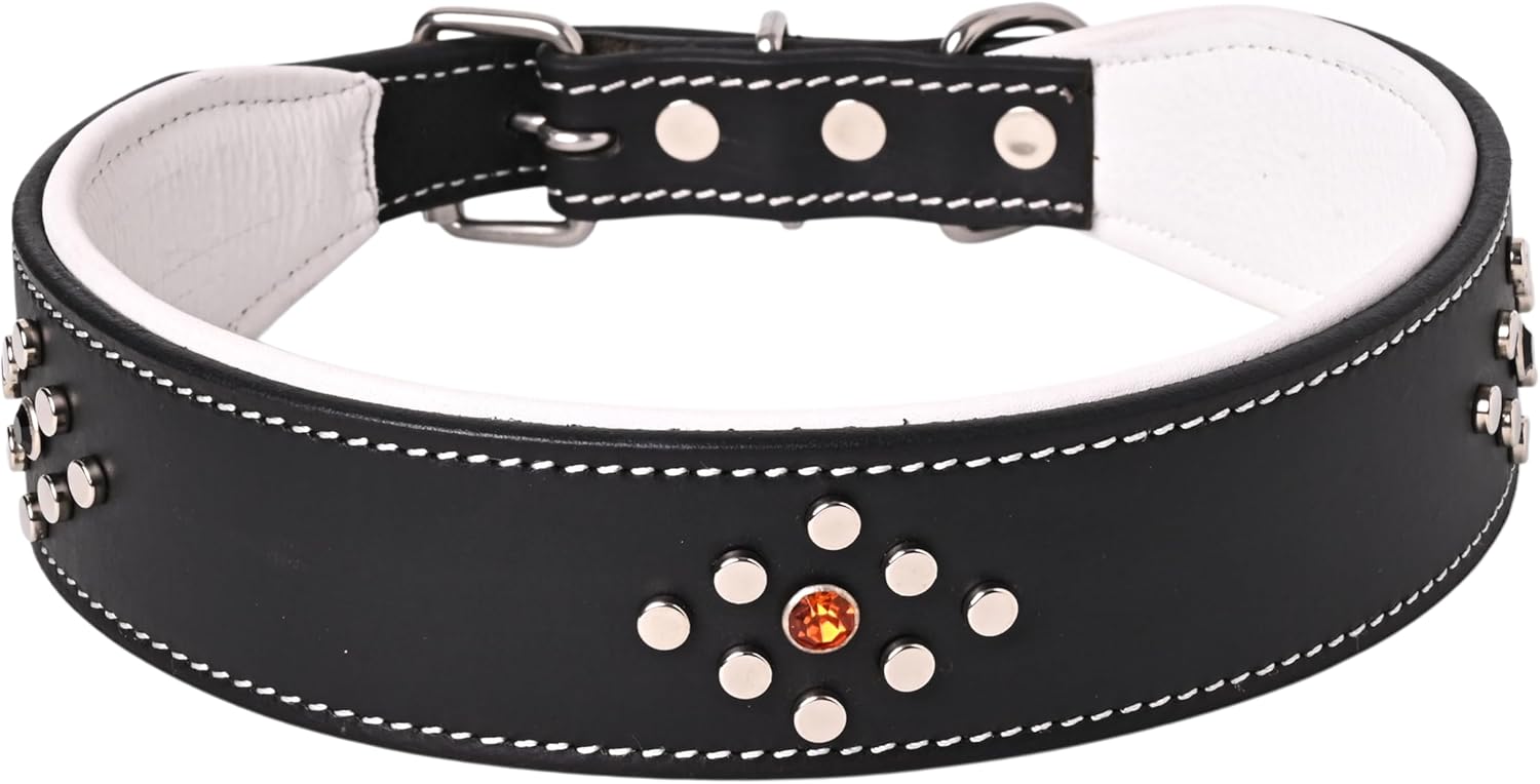 TARICO Adjustable Leather Dog Collar for All Breeds, Heavy Duty Padded Pet Collar with Durable Metal Buckle - Black & White (Small (Fits 17–19" Necks))