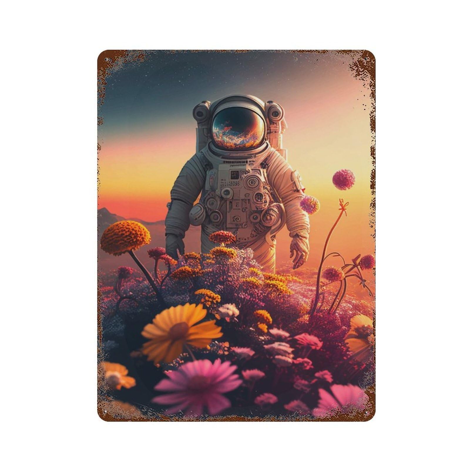 Rustic Tin Plaque with Retro Astronaut Design 15.7"x11.8", for Pub, Kitchen And Man Cave Decor, Old School Wall Decor