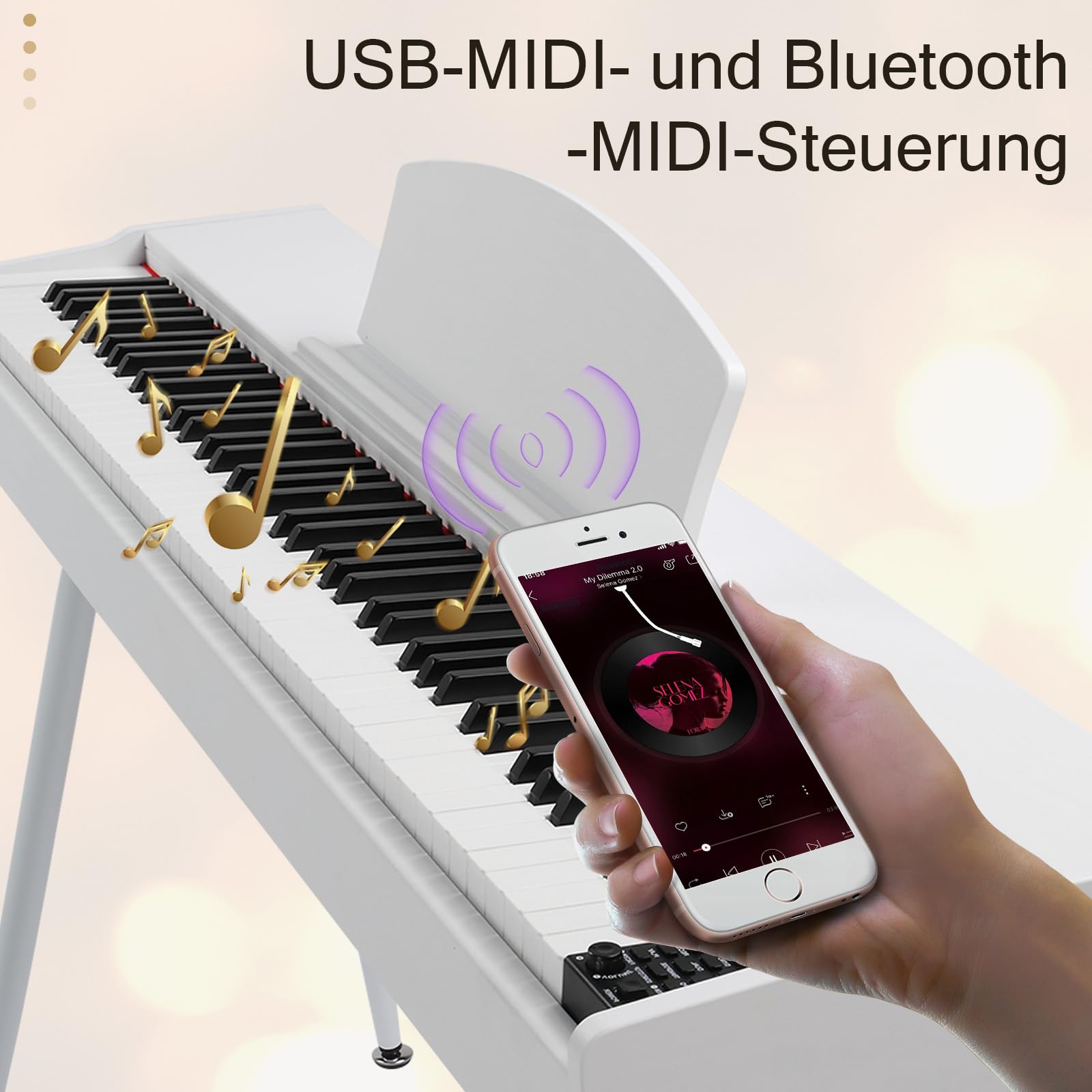 LEADZM Piano Digital de 88 Teclas con Soporte, Teclado Contrapesado, Piano Eléctrico con 3 Pedales, 2 Sistemas Bluetooth, USB-MIDI, Apto para Principiantes (Blanco)