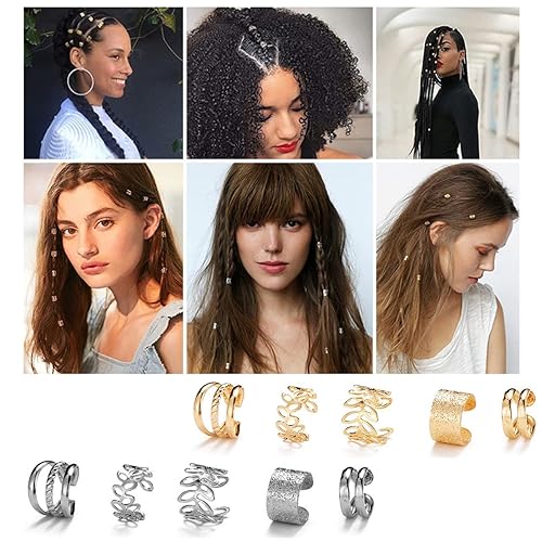 Miniatura 3 de 20 piezas de trenzas de cabello doradas plateadas, rastas, clip de oreja sin perforación, cuentas de barba, puños para el cabello para mujeres y