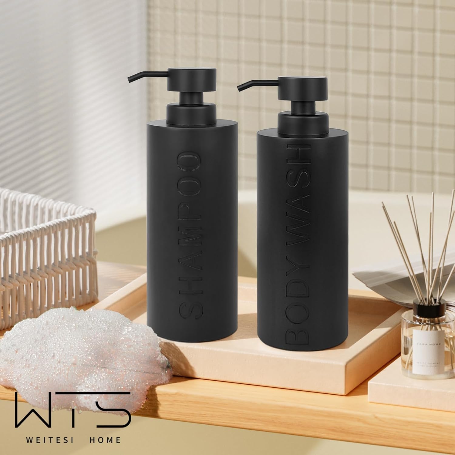 Large Soap Dispenser for Bathroom, Matte Black Resin 2 Pcs Body Wash and Shampoo Dispenser Set, Modern Luxurious Refillable Pump Bottle with Embossed Text, Liquid Dispenser Easy-to-Press - Image 6