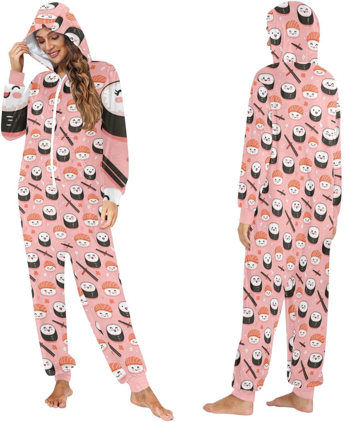 ZZKKO Kawaii Sushi Pink Adult Onesie Pajamas for Women Men Cozy One Piece Pajamas Costume Zip-Up Hooded S-XL