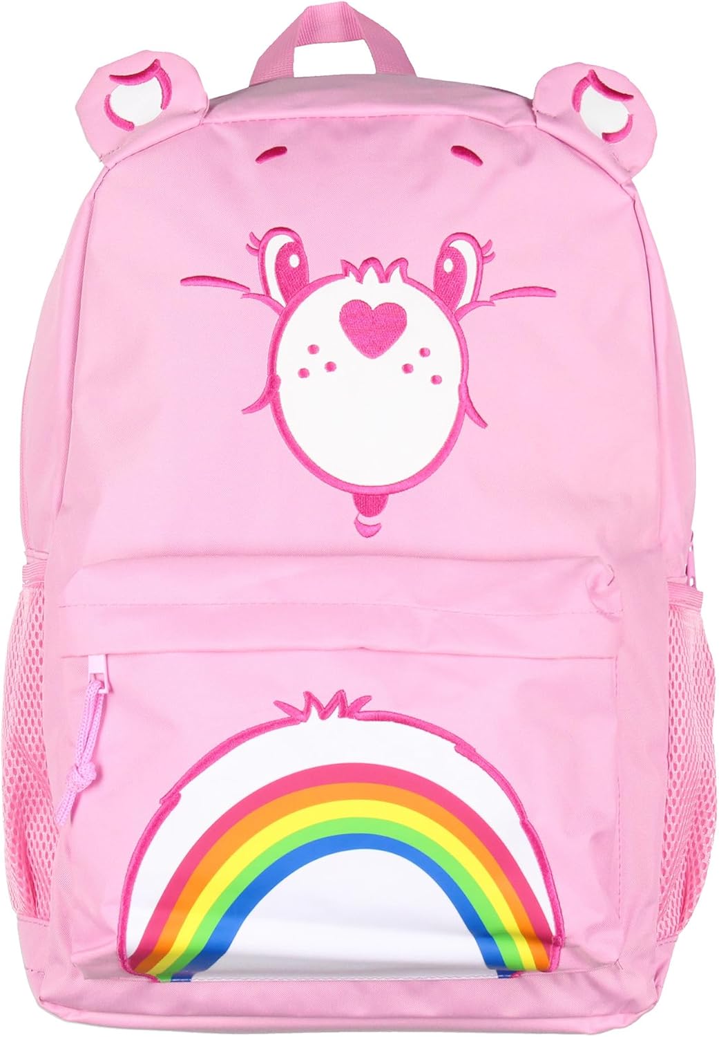 Mad Engine Care Bears Backpack Cheer Bear Embroidered Face Rainbow Belly Badge Design with 3D Ears Laptop School Travel Backpack