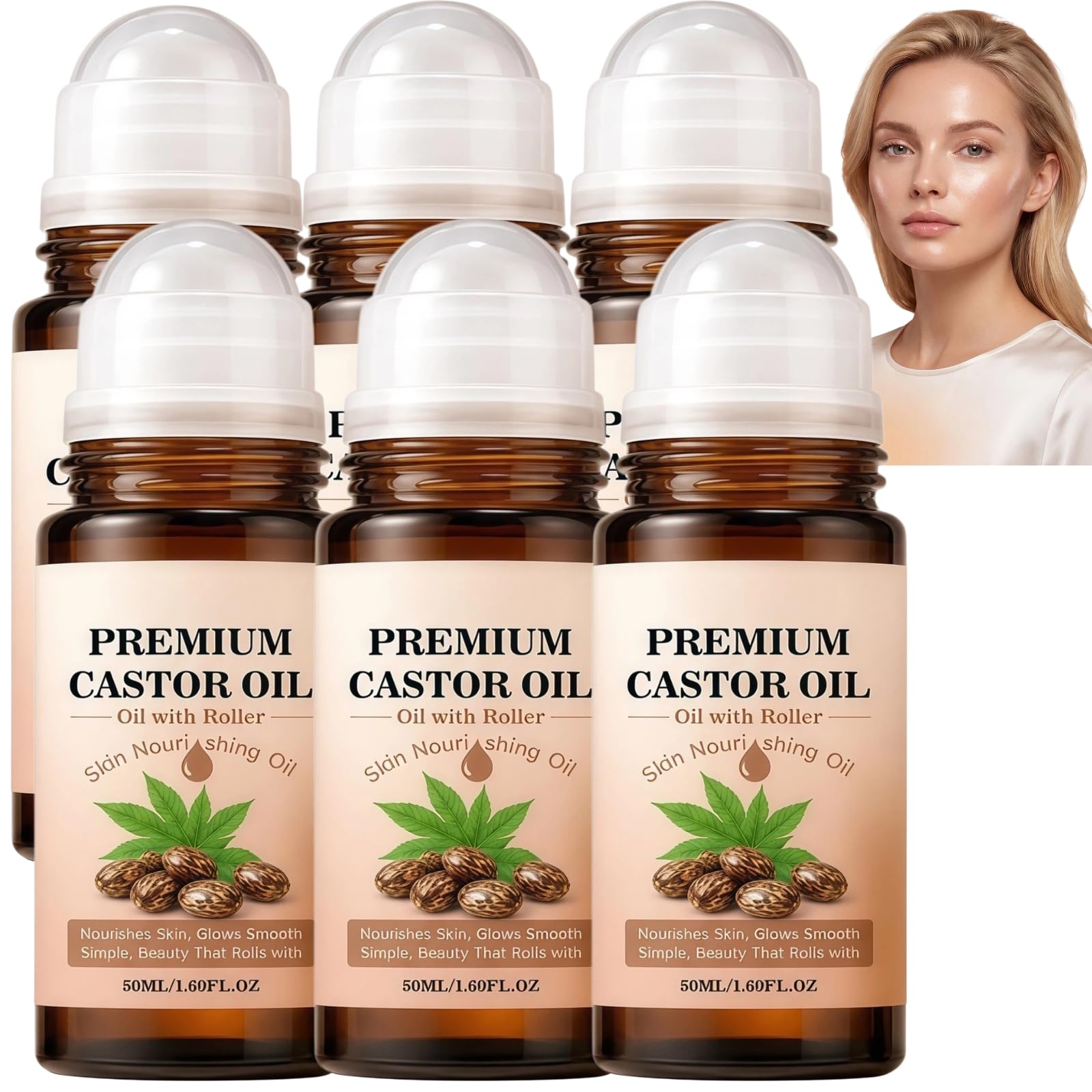 Wałek do masażu z różowego kwarcu z organicznym olejem rycynowym, w 100% czysty, tłoczony na zimno, dla grubszych rzęs i brwi. Łatwa aplikacja na drobne linie, zmarszczki i obrzęki (6 szt.)