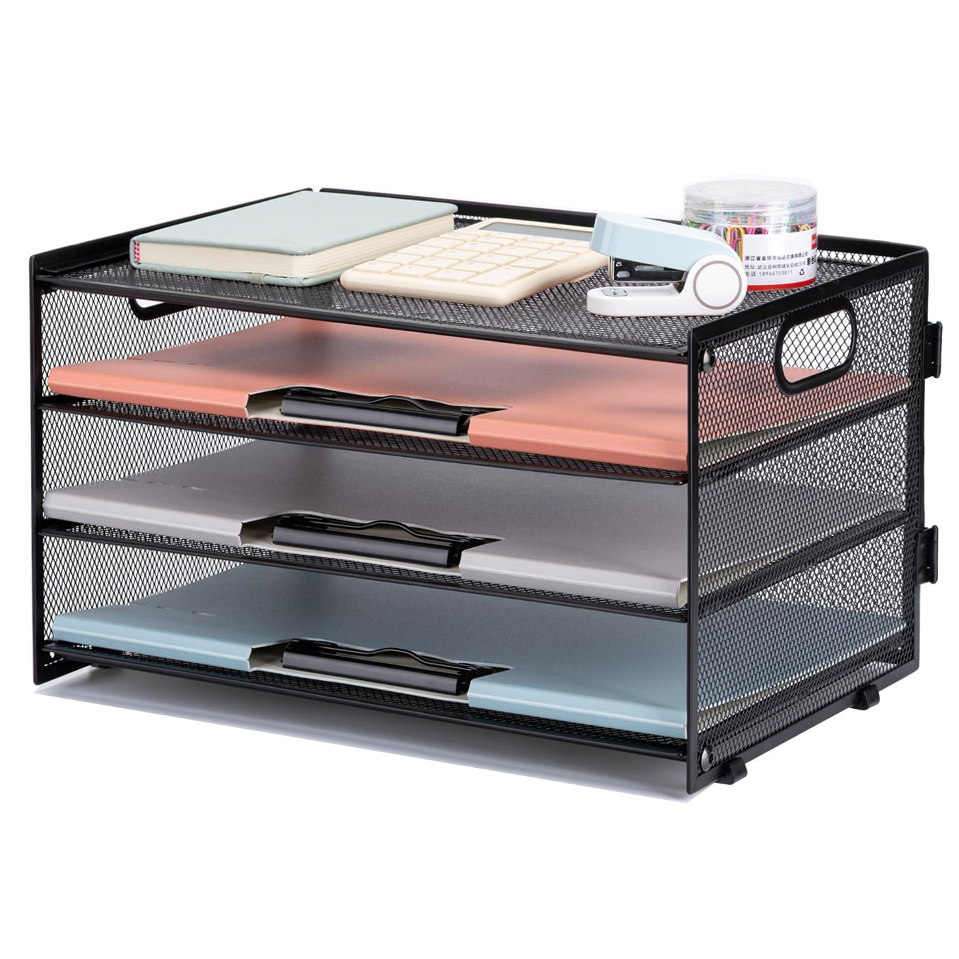 Organizador de documentos A4 de metal, apilable con 4 compartimentos, para oficina y oficina, especialmente estable y fácil de montar, color negro