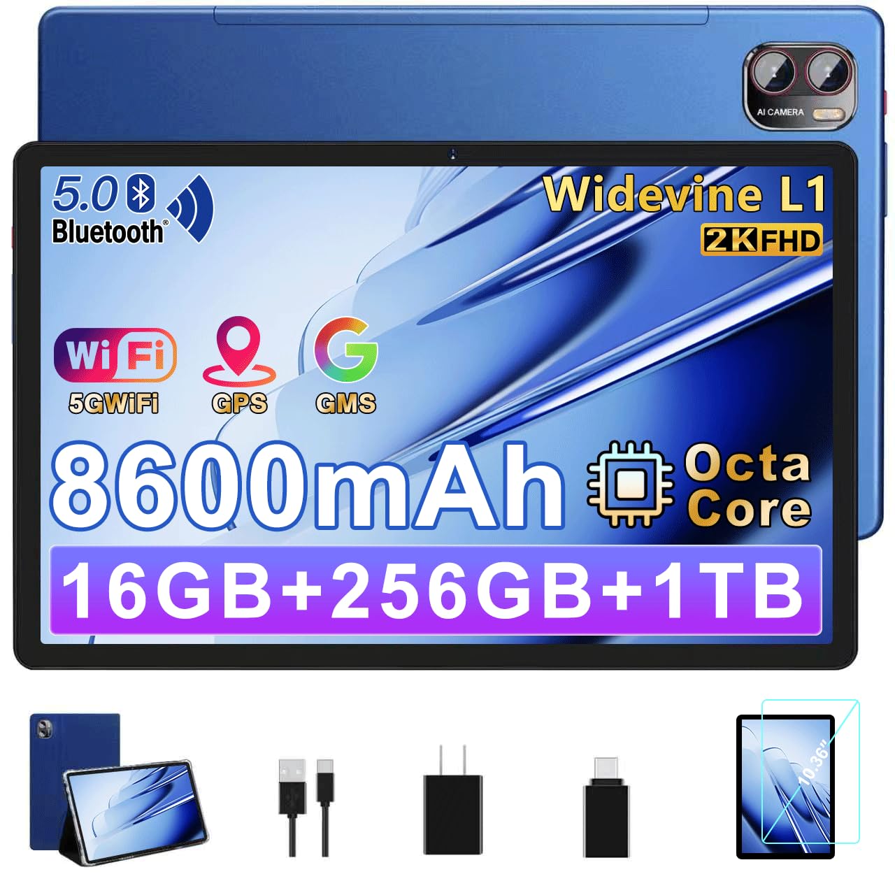 Tablet Pantalla 2K,16GB RAM + 256GB ROM + TF 1TB / 8600 mAh/Octa-Core 2.0 GHz/2000 x 1200 Pixels /5MP + 13MP/ 5G WiFi/Bluetooth 5.0,Tablet con Funda Azul