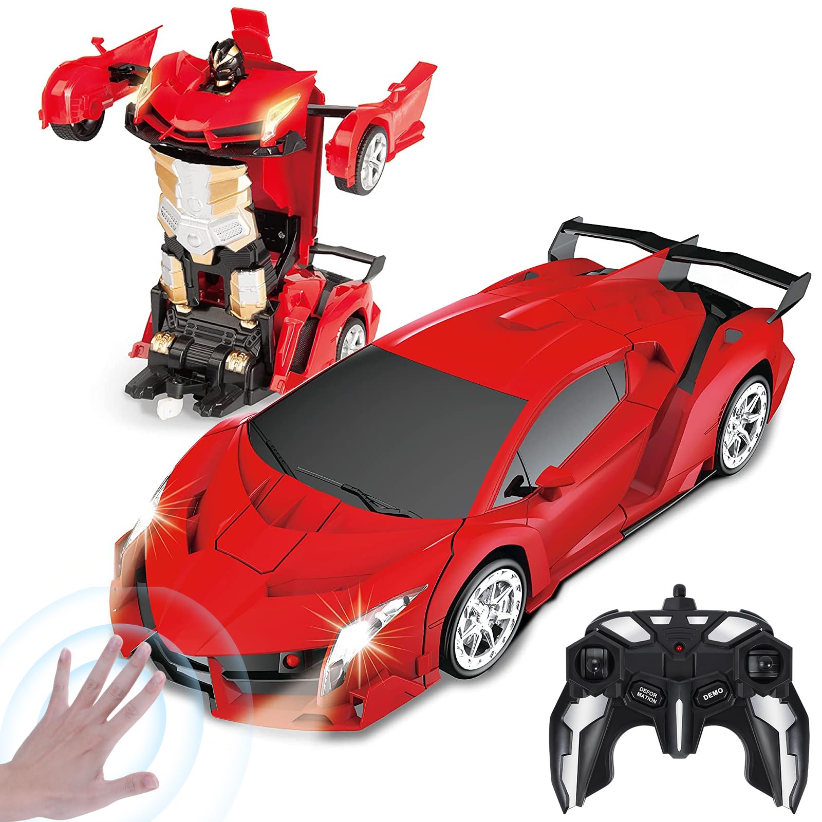 Yellcetoy Transform Macchina Telecomandata Giocattoli, Auto Robot con Gesti della Mano Sening Luce lampeggiante Musica ed Effetto Sonoro, 2,4G RC Cars con Batterie Regalo per Bambini 3-10 Anni Rosso
