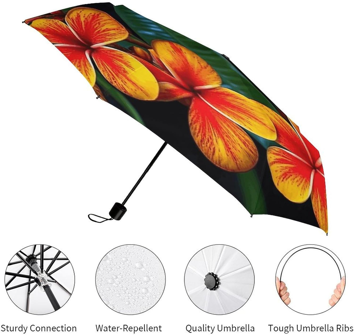 Strongest Windproof Travel Umbrella Eye-catching Hawaiian Flowers Printed Automatic Folding Rain Umbrella, Durable Premium Grip, Fits Car & Backpack