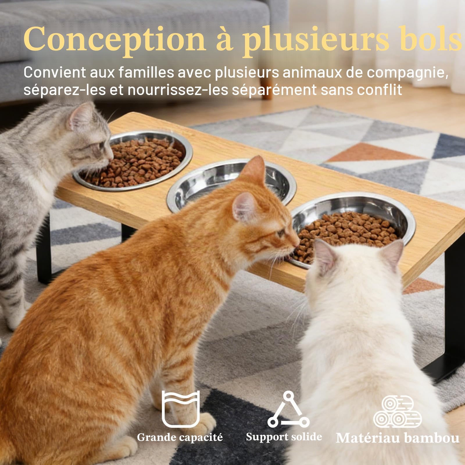 Gamelle Surélevée pour Chat, Station d'alimentation Surélevée avec 3 Gamelles en Acier Inoxydable, Ensemble de Gamelles inclinées à 15° avec Support en Bois, Gamelle pour Chat et Chien