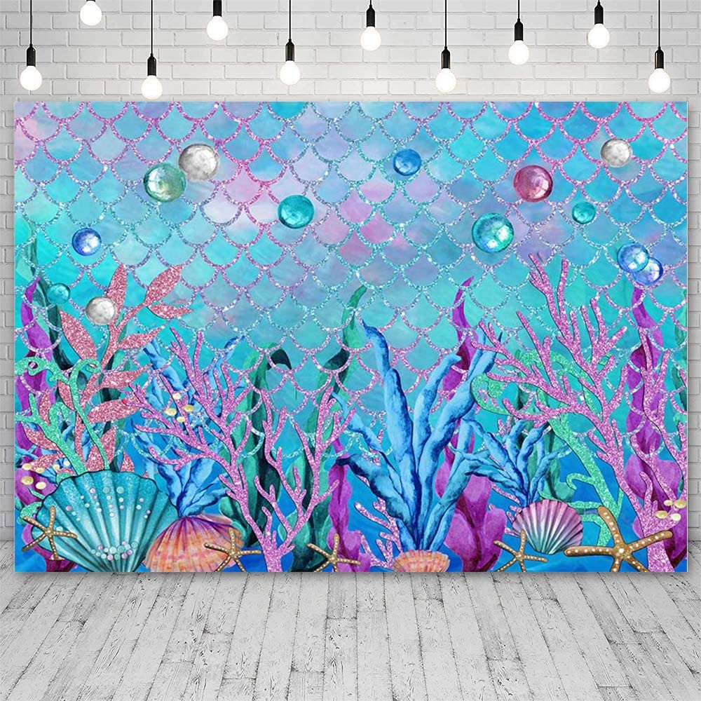 ABLIN 10x7ft Under The Sea Backdrop for Photoshoot Purple Corals Pearls Photography Background Little Mermaid Party Decorations for Girls Photo Shoot Props Cake Table Banner